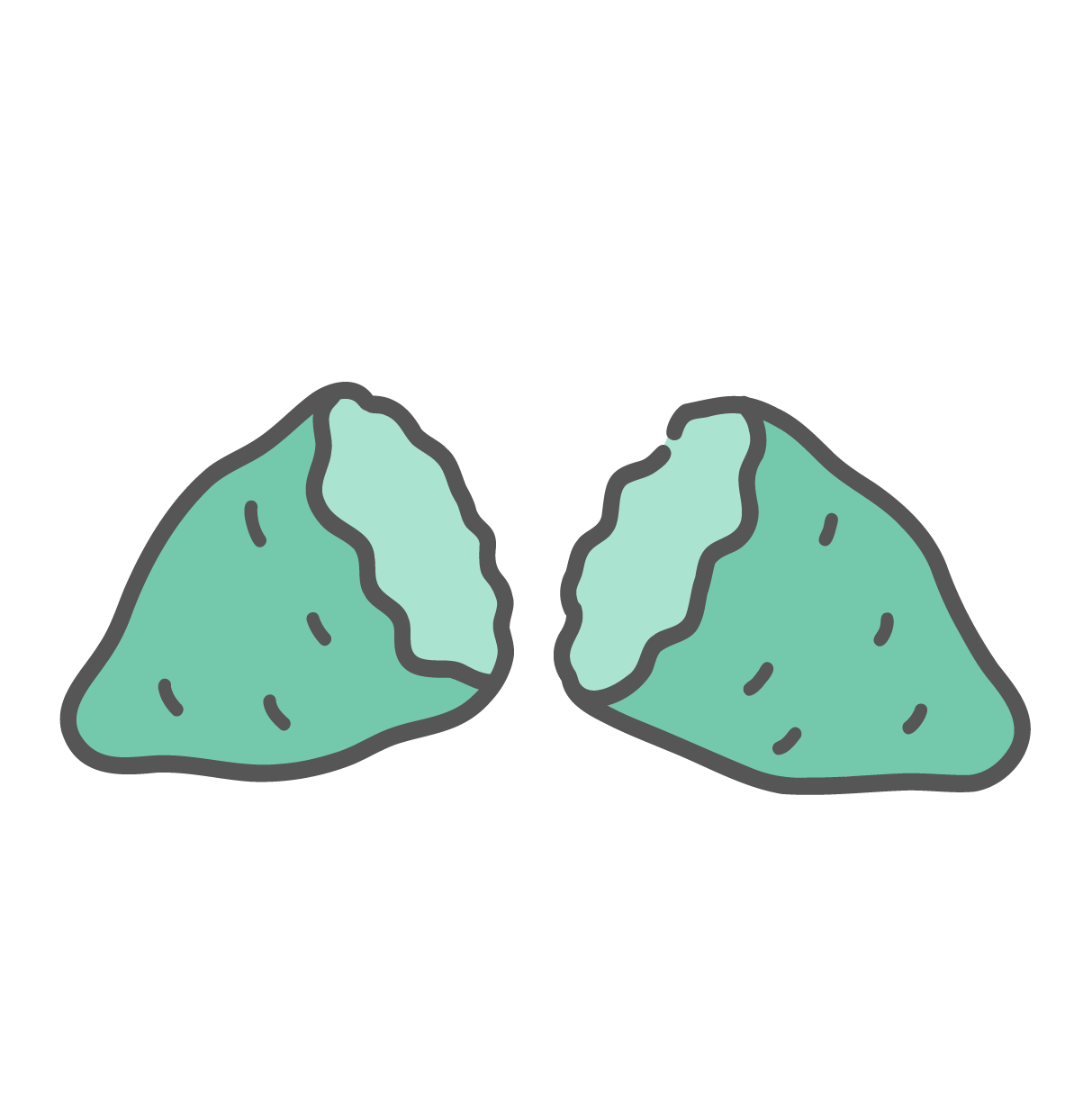 手で半分に割った、ホクホクのさつまいも（焼き芋）のシンプルな線画イラスト。断面の凹凸が描かれており、食物繊維や炭水化物が豊富な秋の味覚のアイコンとして表現されている。