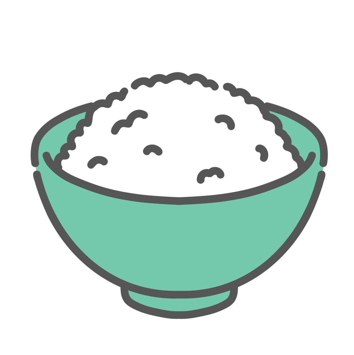 シンプルなデザインのお茶碗に、ふっくらと山盛りに盛られた白ごはんの線画イラスト。炭水化物や糖質の代表的な食材として描かれている。