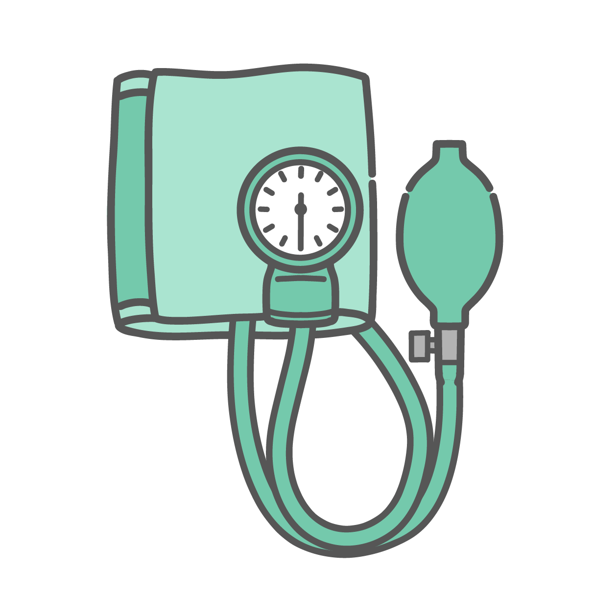ミントグリーンのアネロイド血圧計。腕帯（マンシェット）、メーター、ゴム球がチューブで繋がっている医療機器。