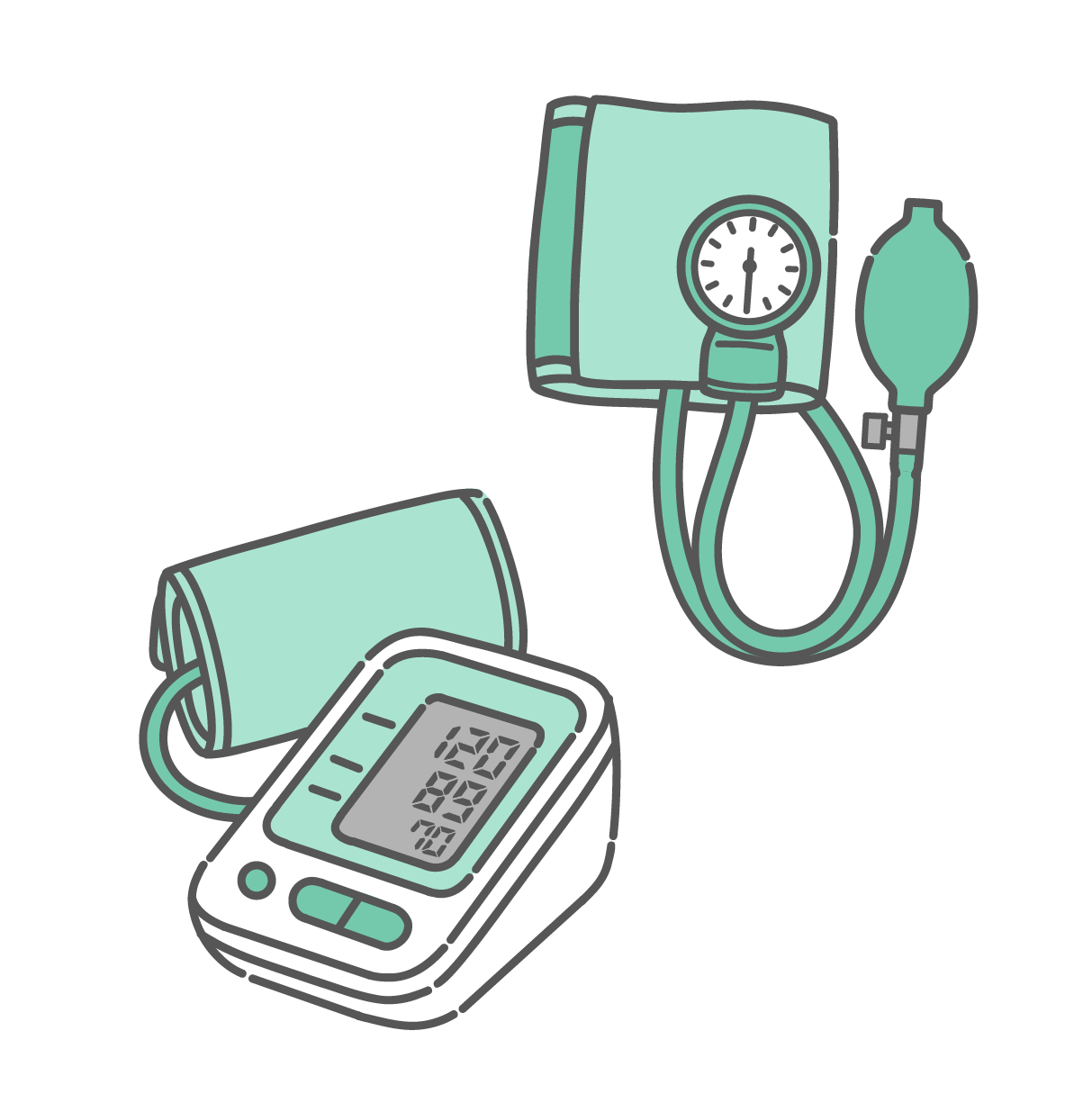 手動式のアネロイド血圧計と、液晶画面付きの上腕式電子血圧計。2種類の医療用血圧測定器。