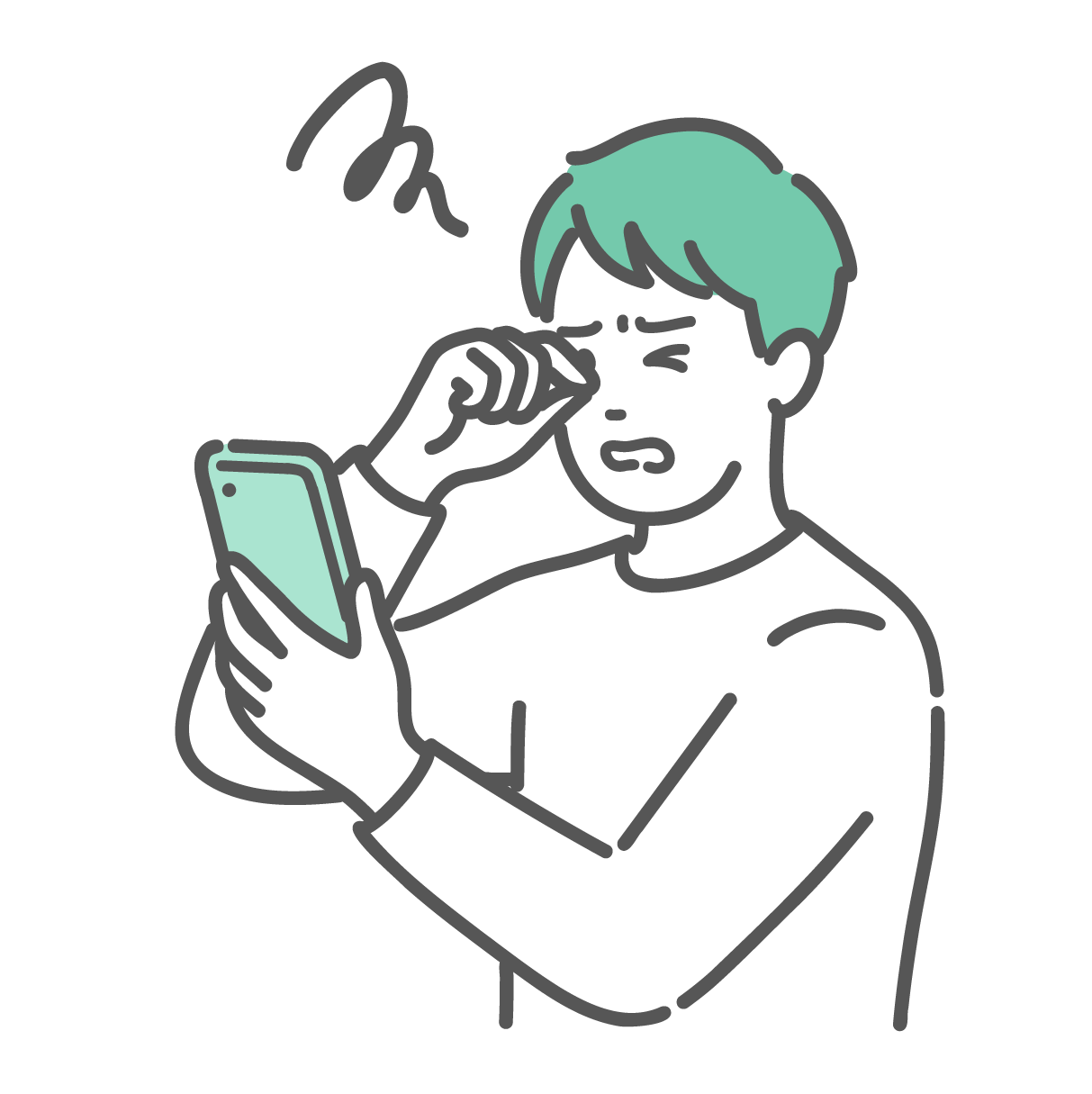 眉間にシワを寄せ、スマホを持ちながら辛そうに片目をこすっている男性のイラスト