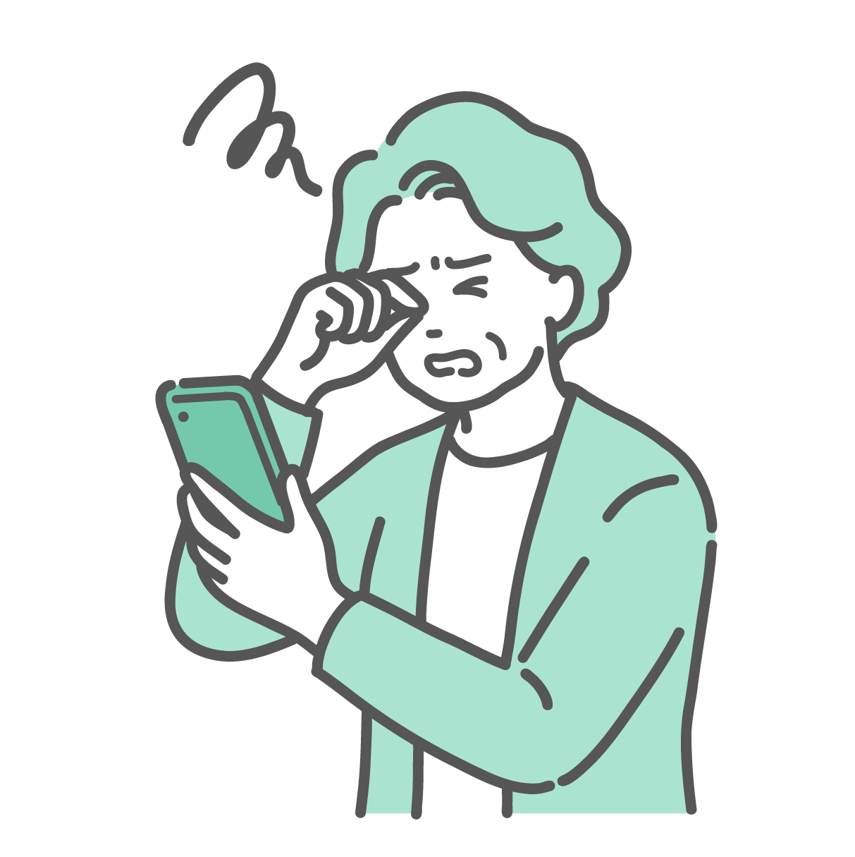 眉間にシワを寄せ、スマホを持ちながら辛そうに片目をこすっている高齢女性のイラスト