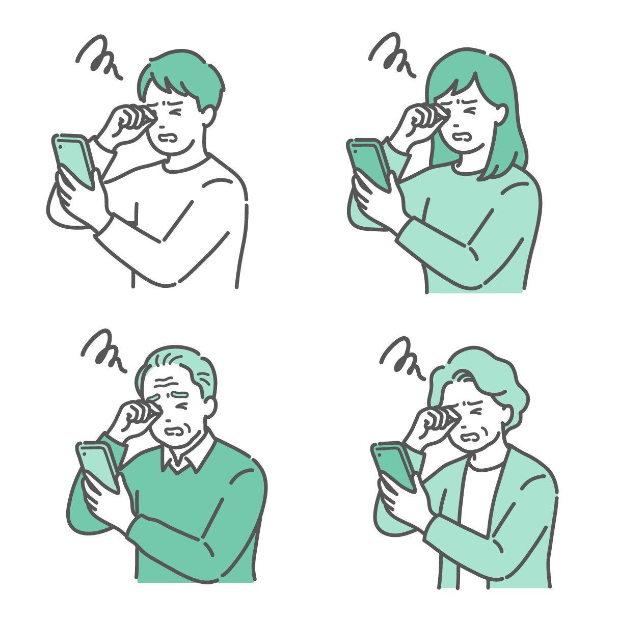 スマホを見ながら目をこする若い男性、女性、高齢男性、高齢女性のイラストセット