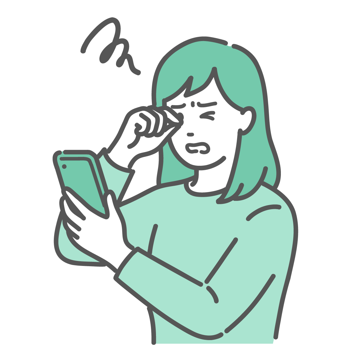 眉間にシワを寄せ、スマホを持ちながら辛そうに片目をこすっている女性のイラスト