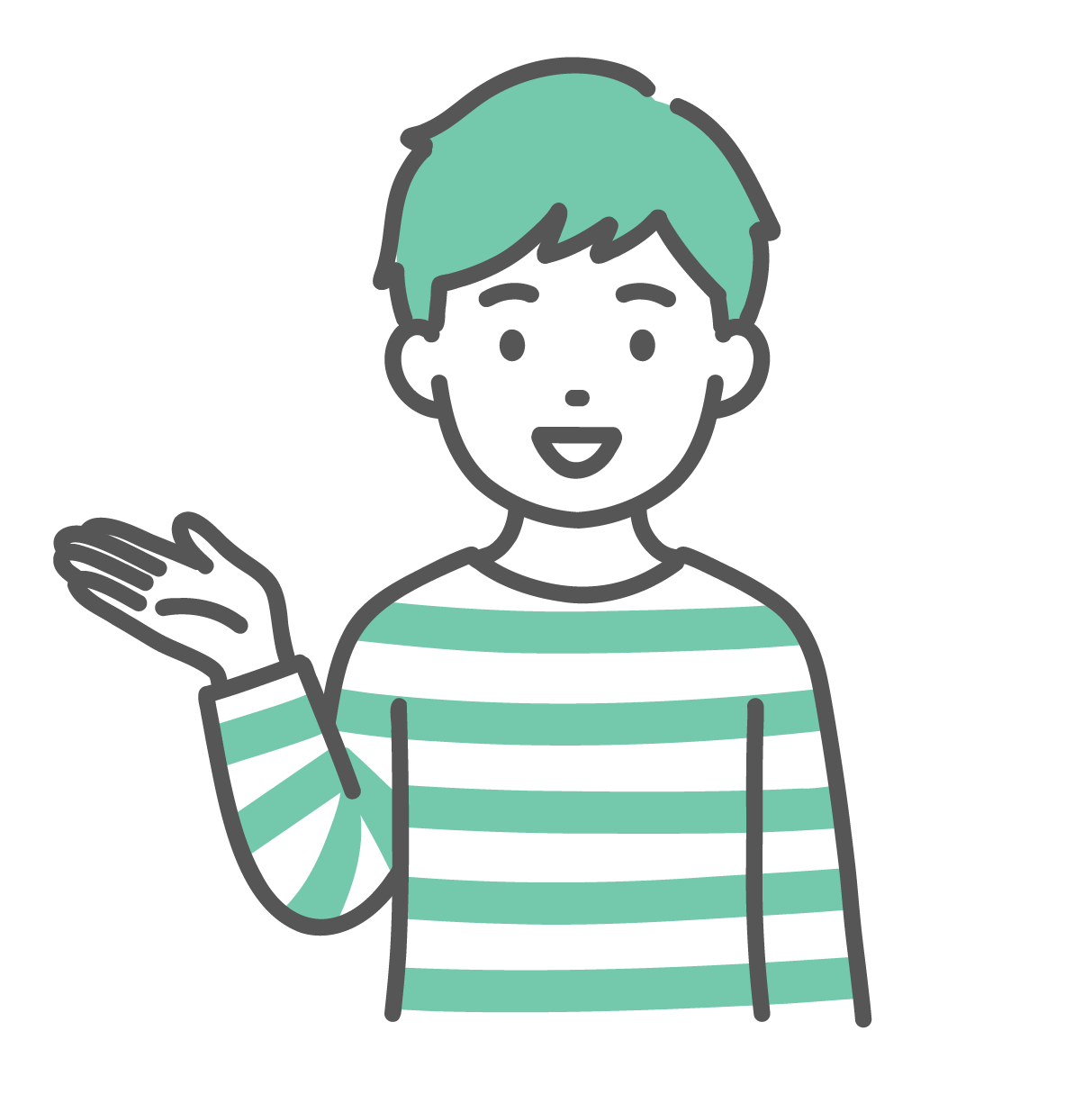 笑顔で右手を差し出して、案内や紹介をしている、ボーダー柄の服を着た男の子のイラスト