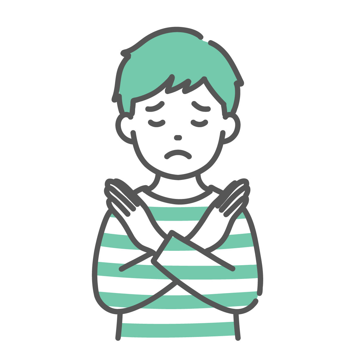 胸の前で腕をクロスさせてNGサインを出している、ボーダー柄の服を着た男の子のイラスト