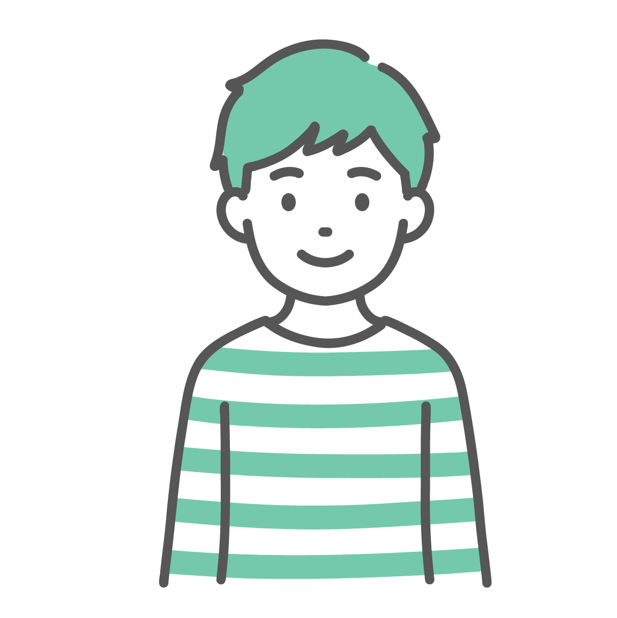 穏やかな笑顔で正面を向いている、ボーダー柄の服を着た男の子のイラスト