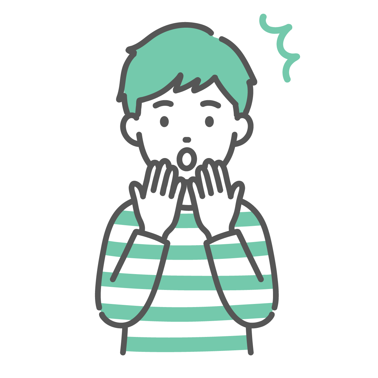 両手を口元に当てて驚いた表情をしている、ボーダー柄の服を着た男の子のイラスト