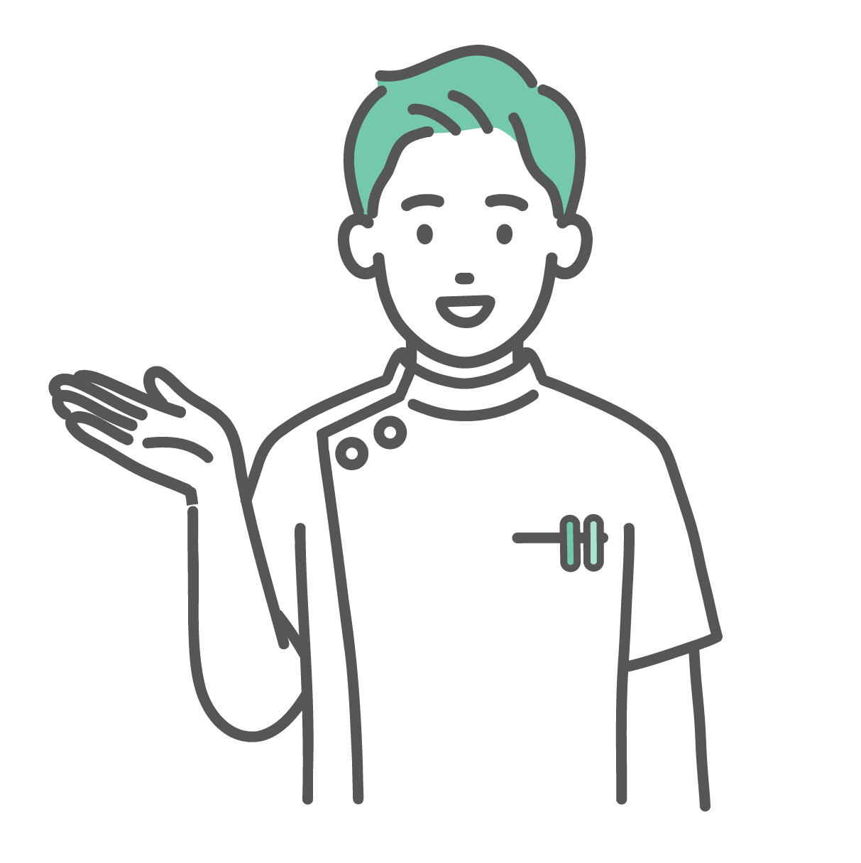 笑顔で手のひらを上に向けて案内している、ケーシー白衣を着た若い男性看護師・医療従事者のイラスト