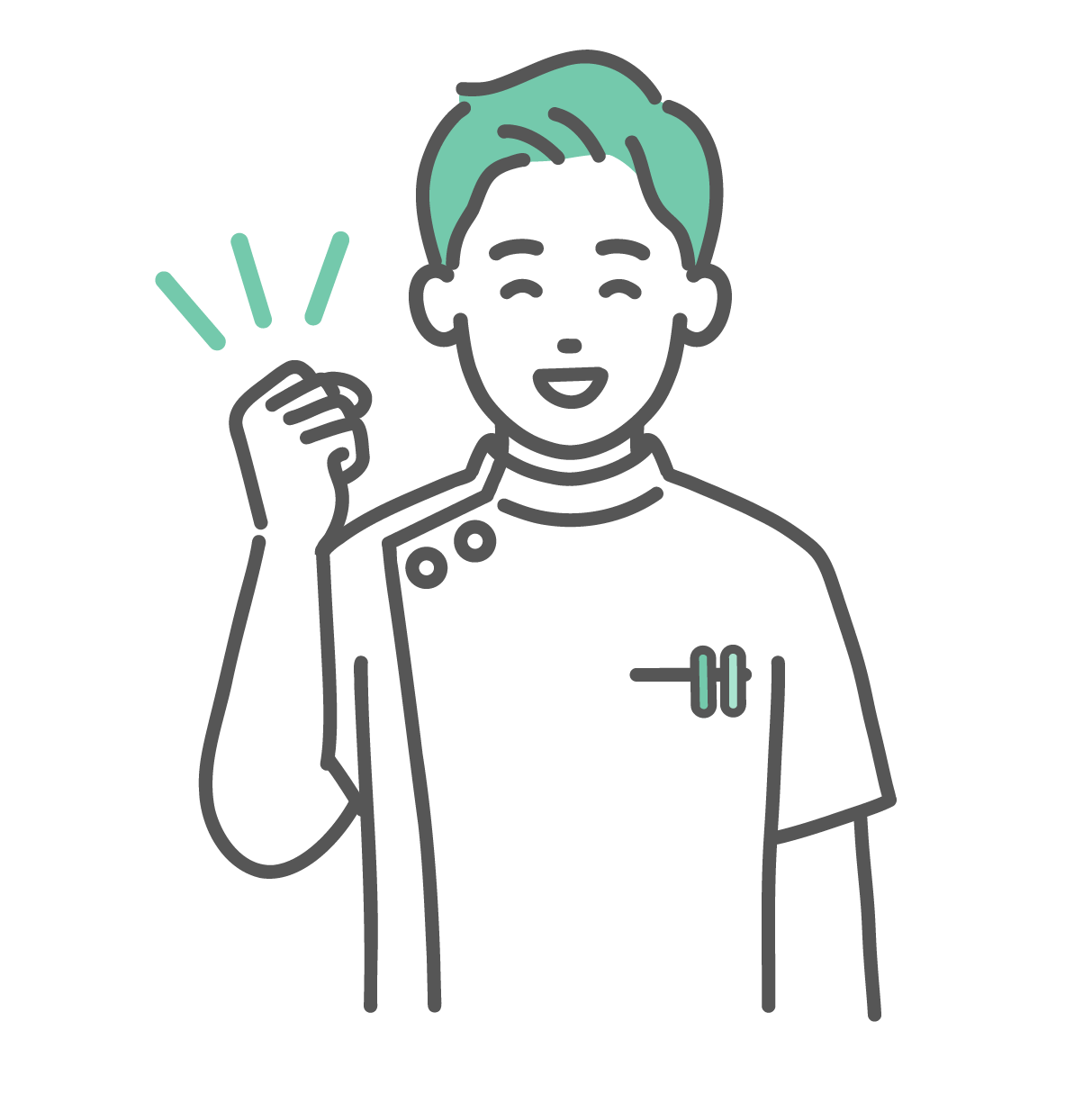 笑顔でガッツポーズをして応援している、ケーシー白衣を着た若い男性看護師・医療従事者のイラスト