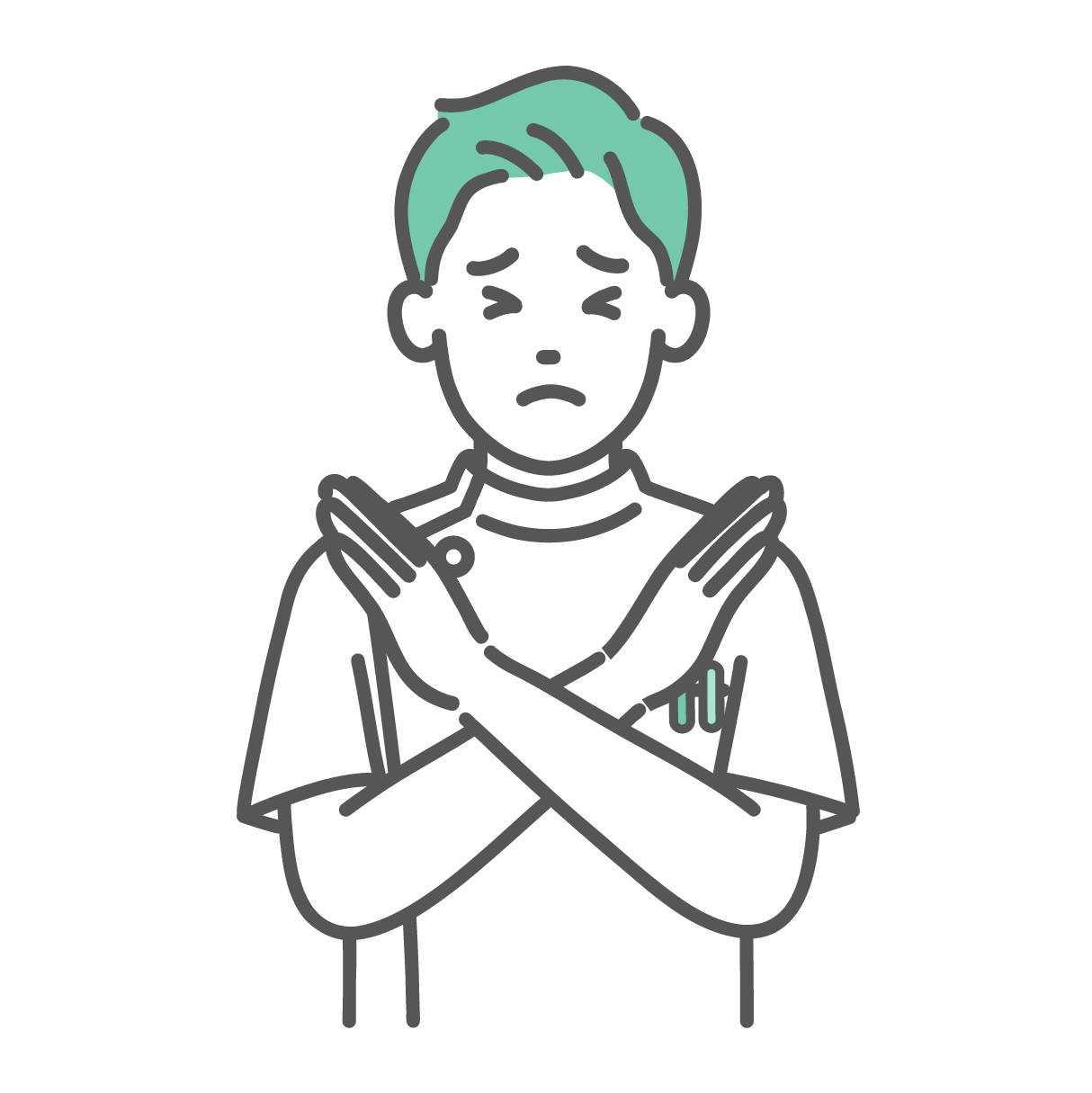 胸の前で腕をクロスさせてNGサインを出している、ケーシー白衣を着た若い男性看護師・医療従事者のイラスト