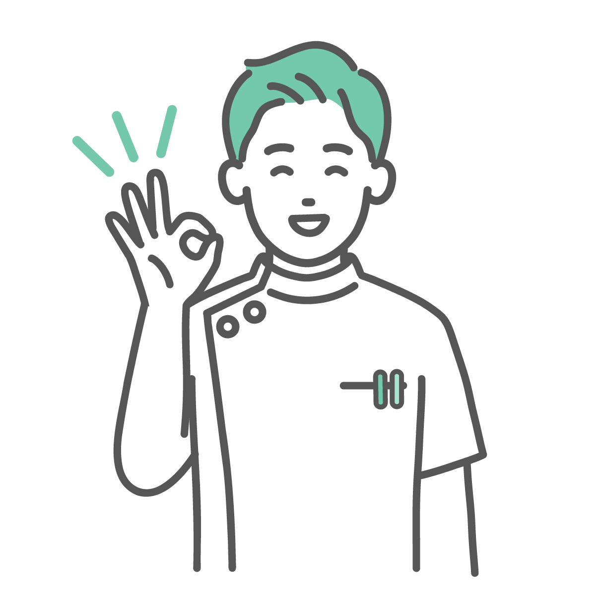 笑顔でOKサインを出している、ケーシー白衣を着た若い男性看護師・医療従事者のイラスト