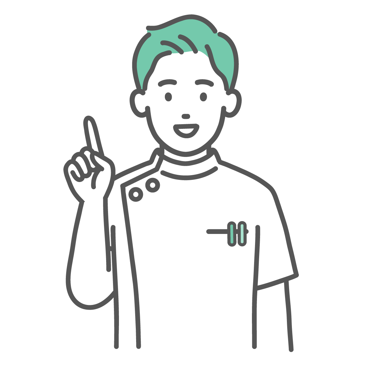 笑顔で人差し指を立てて解説・アドバイスをしている、ケーシー白衣を着た若い男性看護師・医療従事者のイラスト