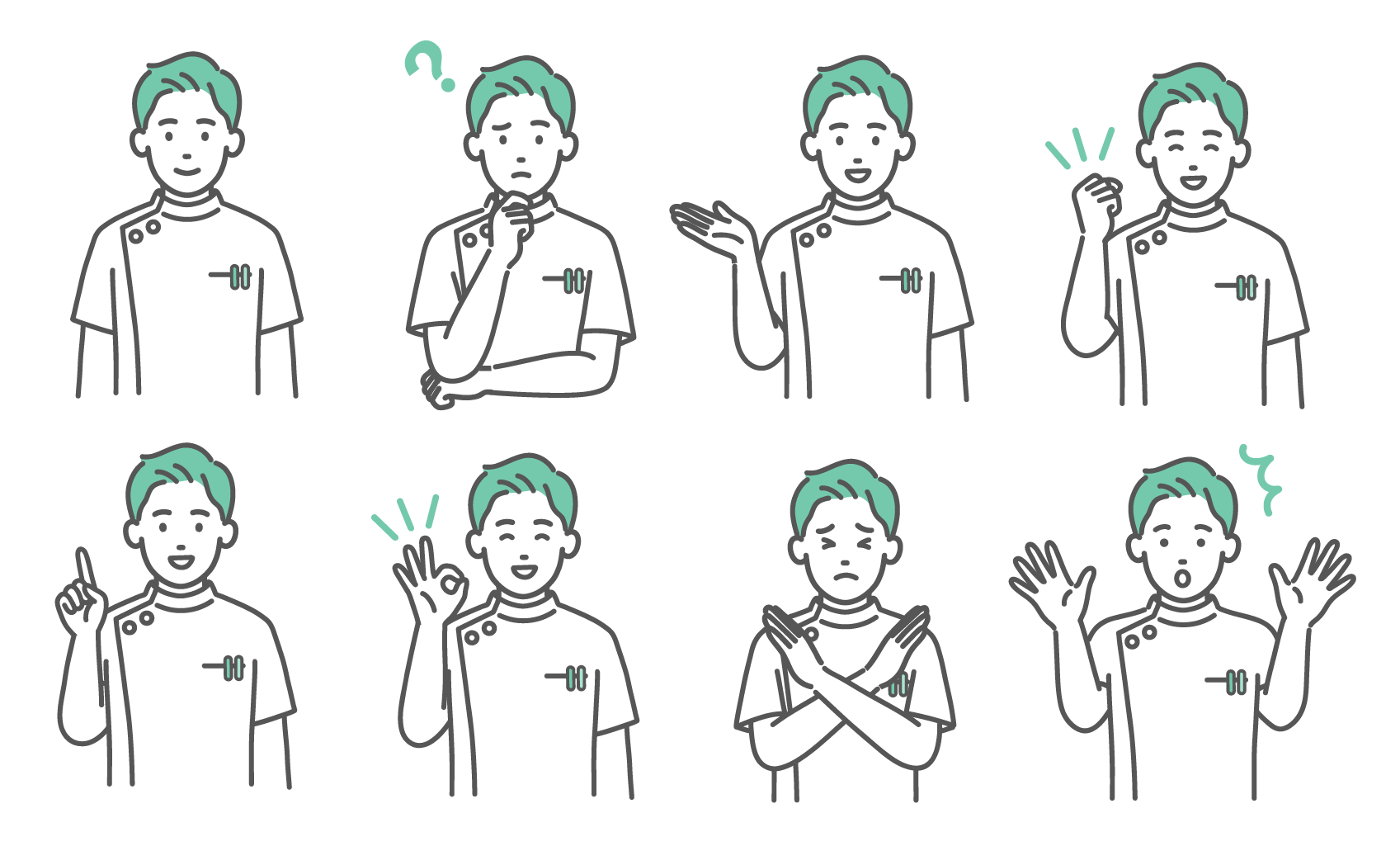 笑顔、悩む、案内、指差し、驚く、ガッツポーズ、OK、NGなど、8種類の表情やポーズをしているケーシー白衣を着た若い男性看護師・医療従事者のイラストセット