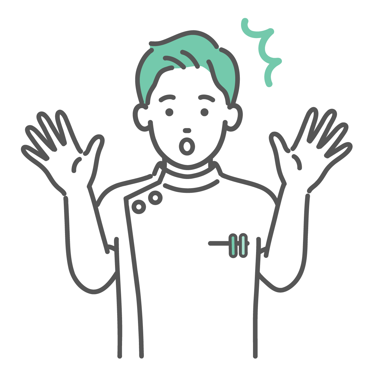 両手を広げて驚いた表情をしている、ケーシー白衣を着た若い男性看護師・医療従事者のイラスト