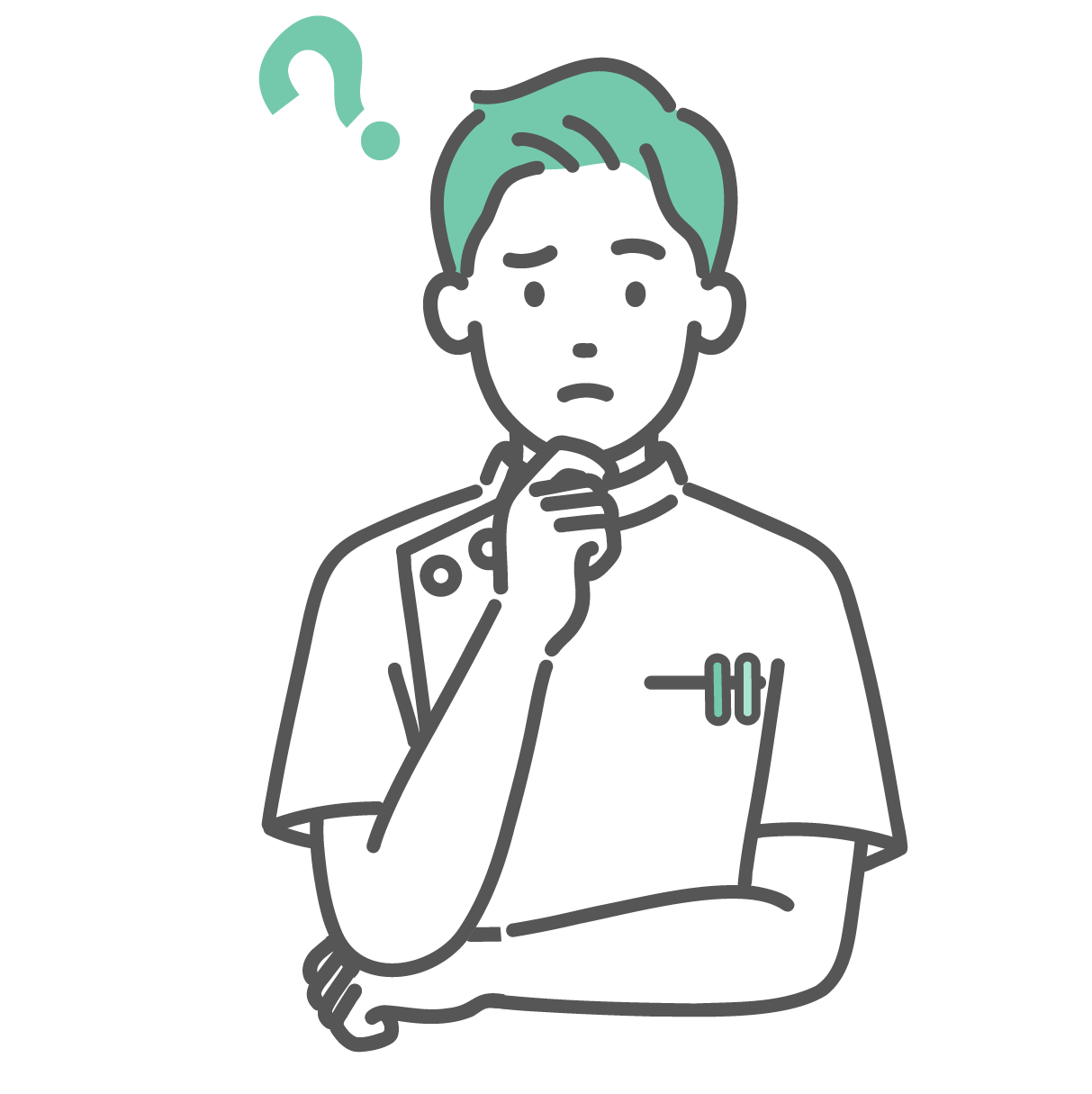 顎に手を当てて悩んでいる、ケーシー白衣を着た若い男性看護師・医療従事者のイラスト