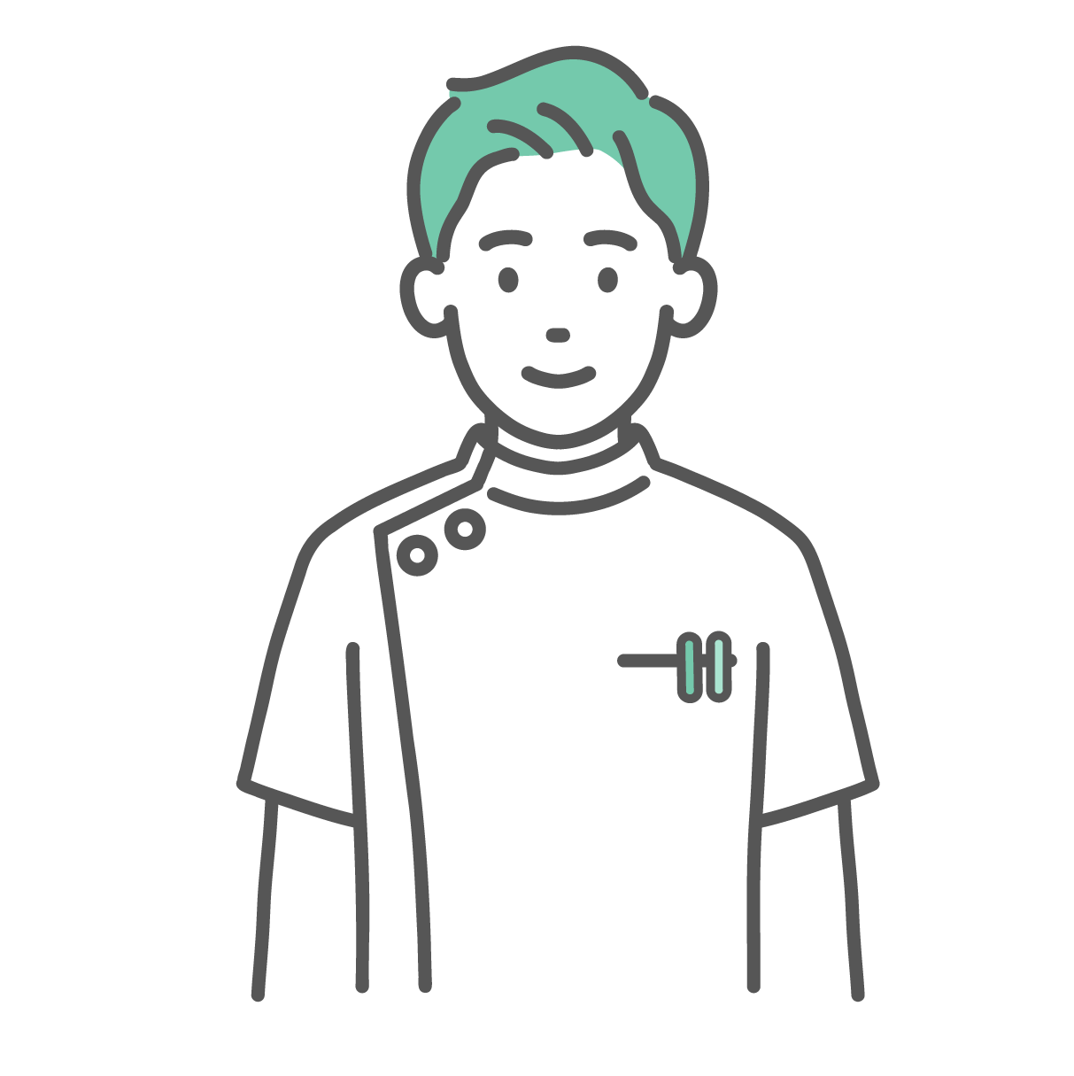 ケーシータイプの白衣を着て穏やかに微笑んでいる、若い男性看護師・医療従事者のイラスト