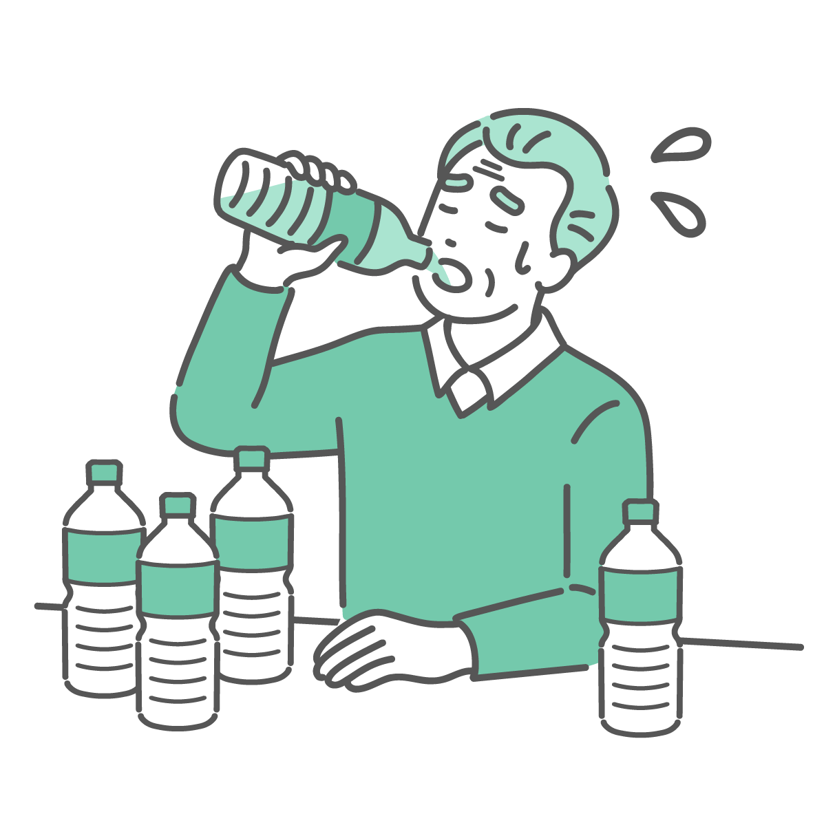 喉が渇いてペットボトルの水を大量に飲んでいる高齢男性のイラスト