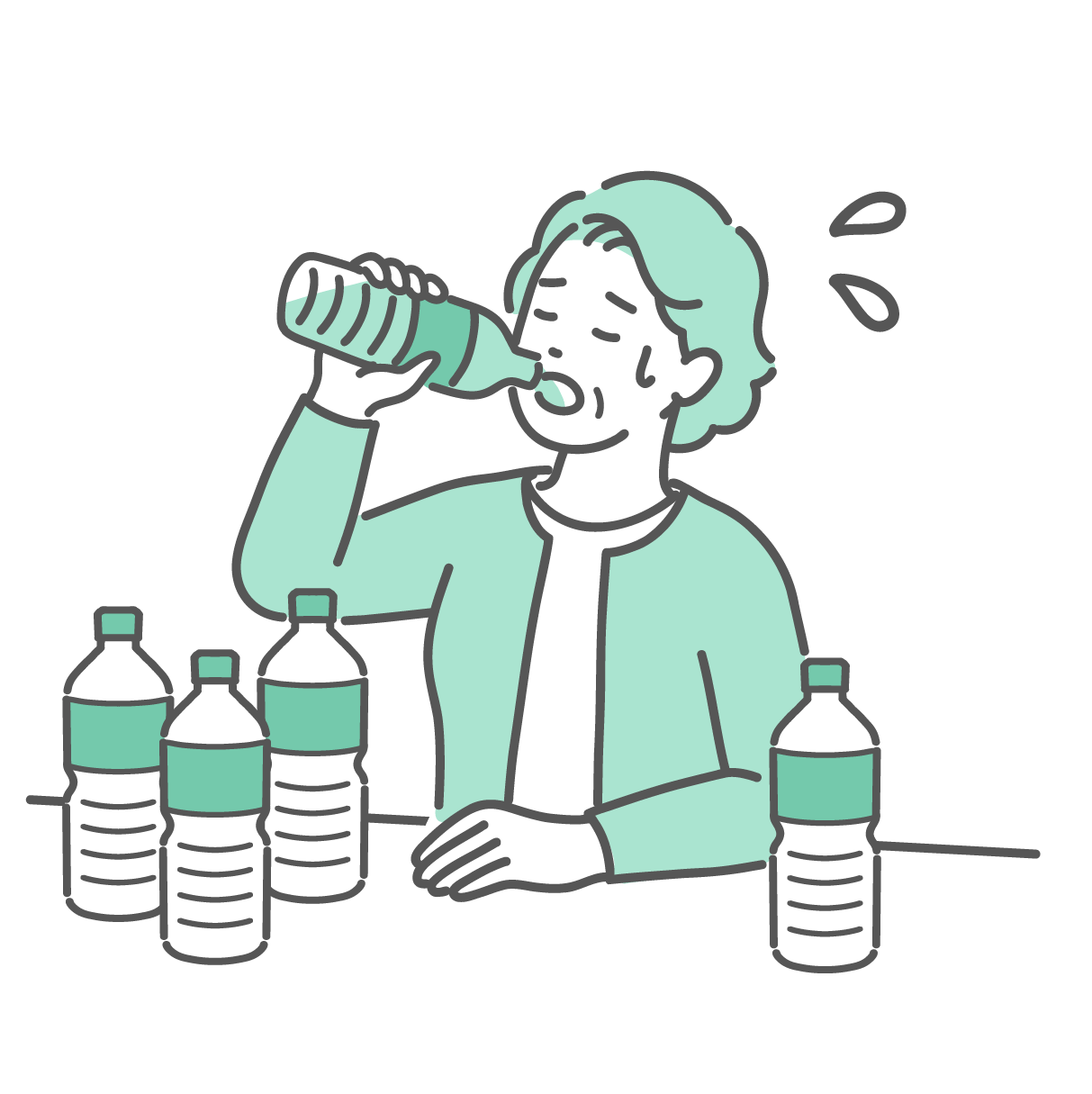 喉が渇いてペットボトルの水を大量に飲んでいる高齢女性のイラスト