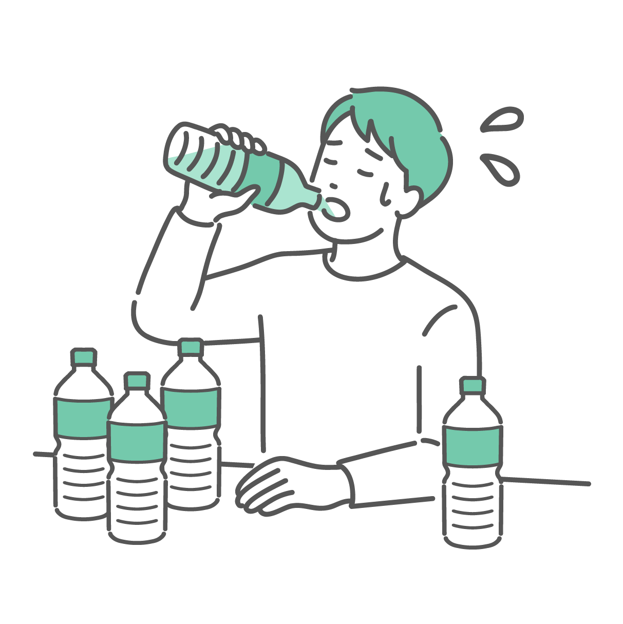 糖尿病の典型的な自覚症状である「口渇（こうかつ）」と「多飲」を描いたイラストです。高血糖状態になると体内の水分が失われやすくなり、激しい喉の渇きから水分を過剰に摂取してしまう様子を表現しています。