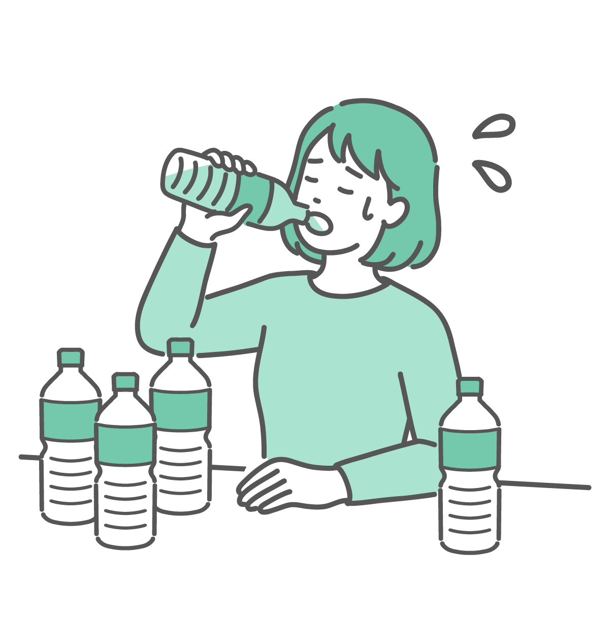 喉が渇いてペットボトルの水を大量に飲んでいる女性のイラスト