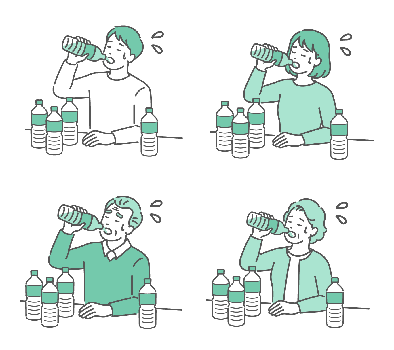 喉が渇いてペットボトルの水を大量に飲んでいる若い男女と高齢者男女のイラストセット