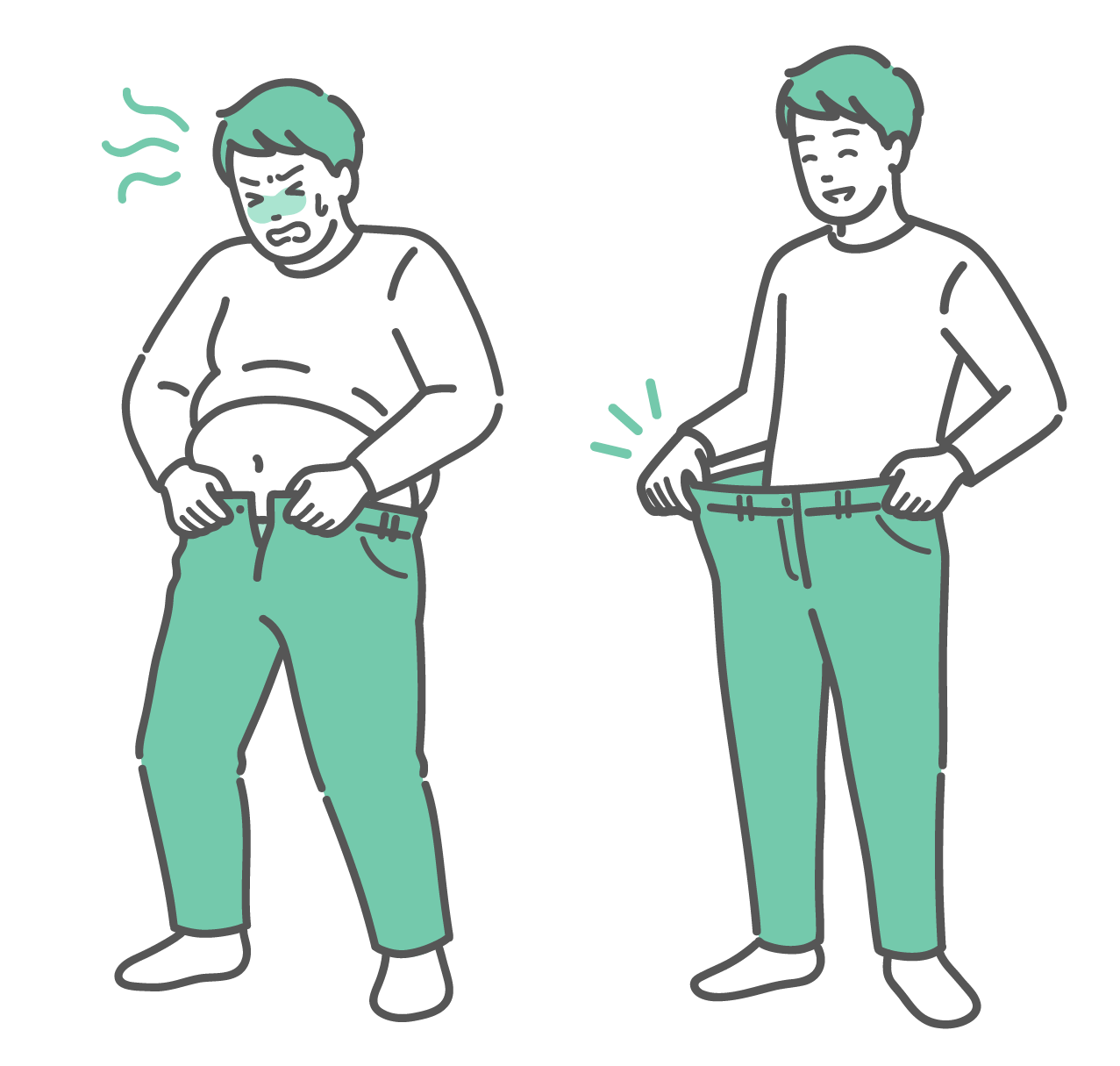 肥満でズボンが入らない男性と、ダイエットに成功して痩せた男性のビフォーアフター比較イラスト