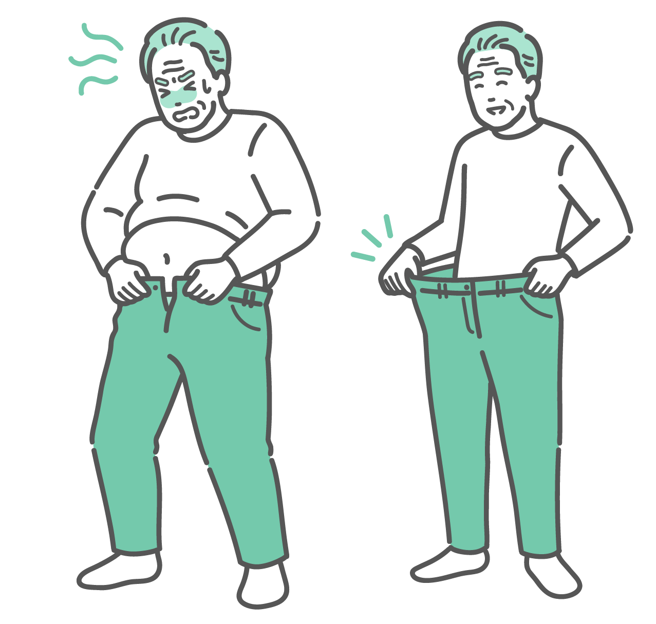 肥満でズボンが入らない高齢男性と、ダイエットに成功して痩せた高齢男性のビフォーアフター比較イラスト