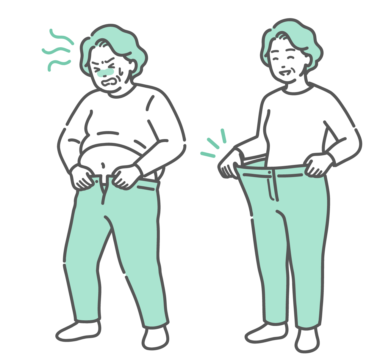 肥満でズボンが入らない高齢女性と、ダイエットに成功して痩せた高齢女性のビフォーアフター比較イラスト