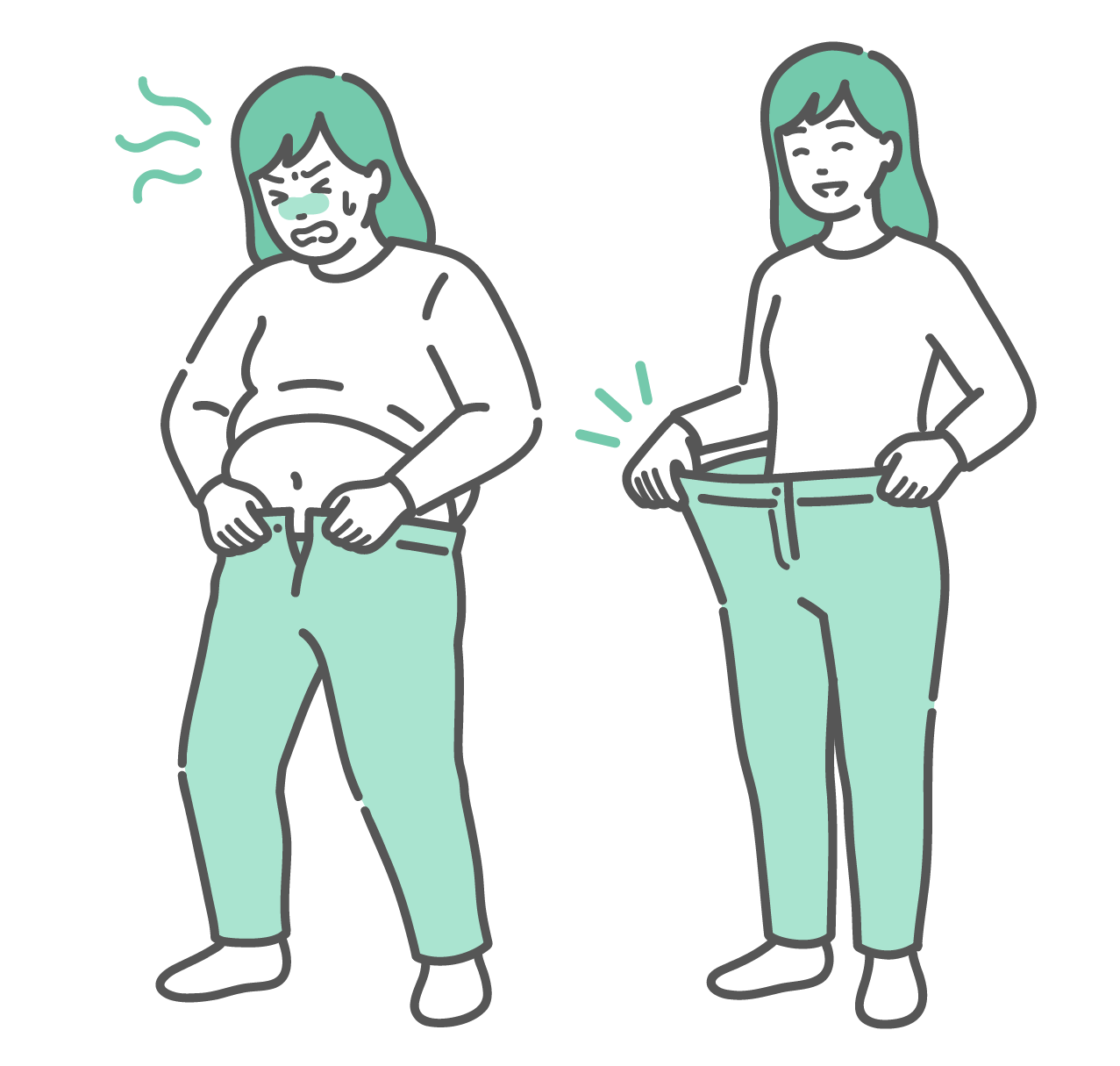 肥満でズボンが入らない女性と、ダイエットに成功して痩せた女性のビフォーアフター比較イラスト