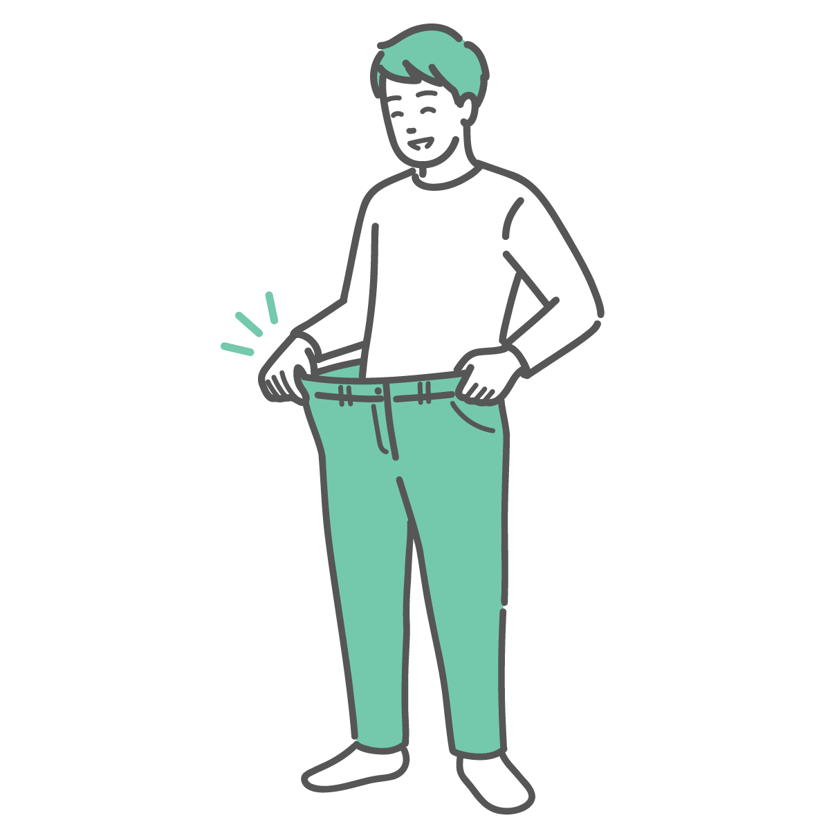 ダイエットに成功して痩せ、ズボンがブカブカになり笑顔を見せている男性のイラスト