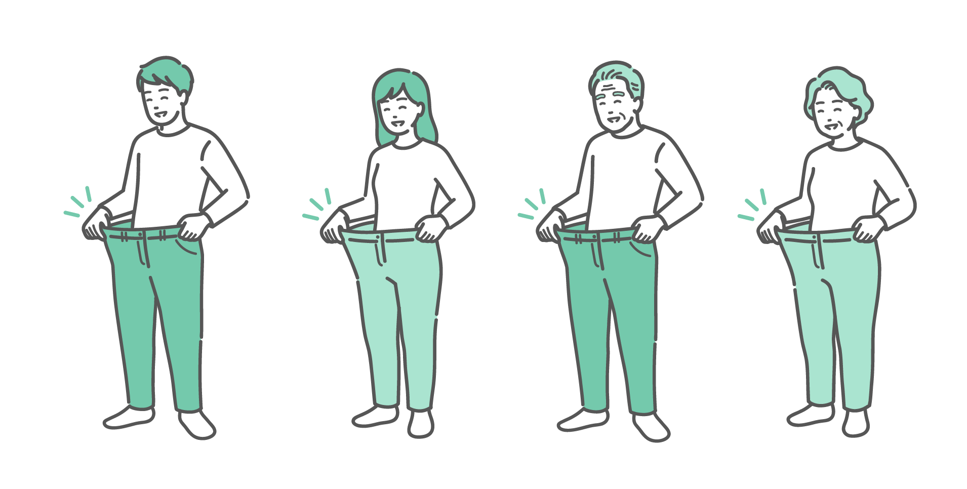 ダイエットに成功してズボンのウエストがブカブカになり、笑顔で喜んでいる老若男女のイラストセット
