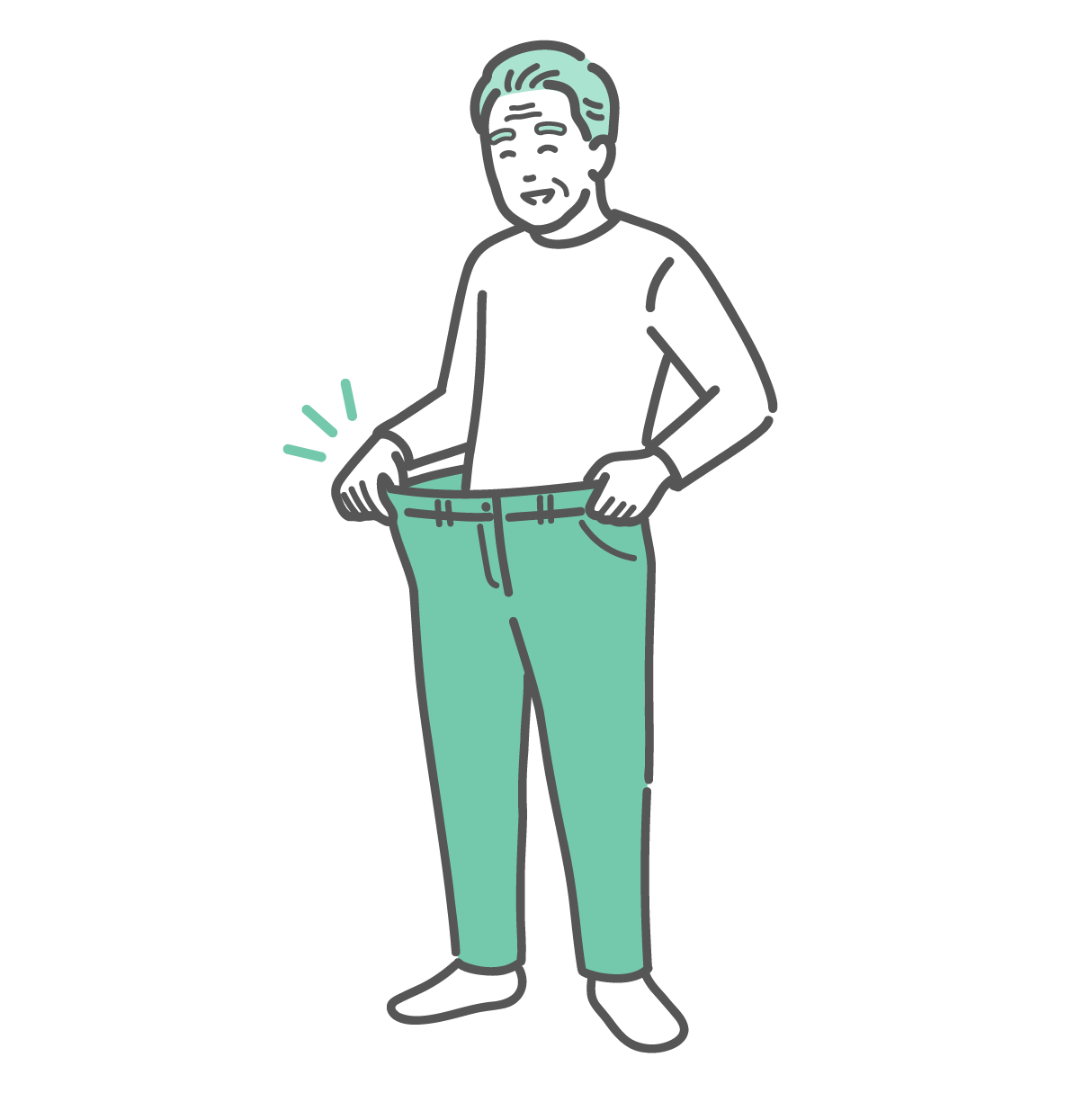 ダイエットに成功して痩せ、ズボンがブカブカになり笑顔を見せている高齢男性のイラスト