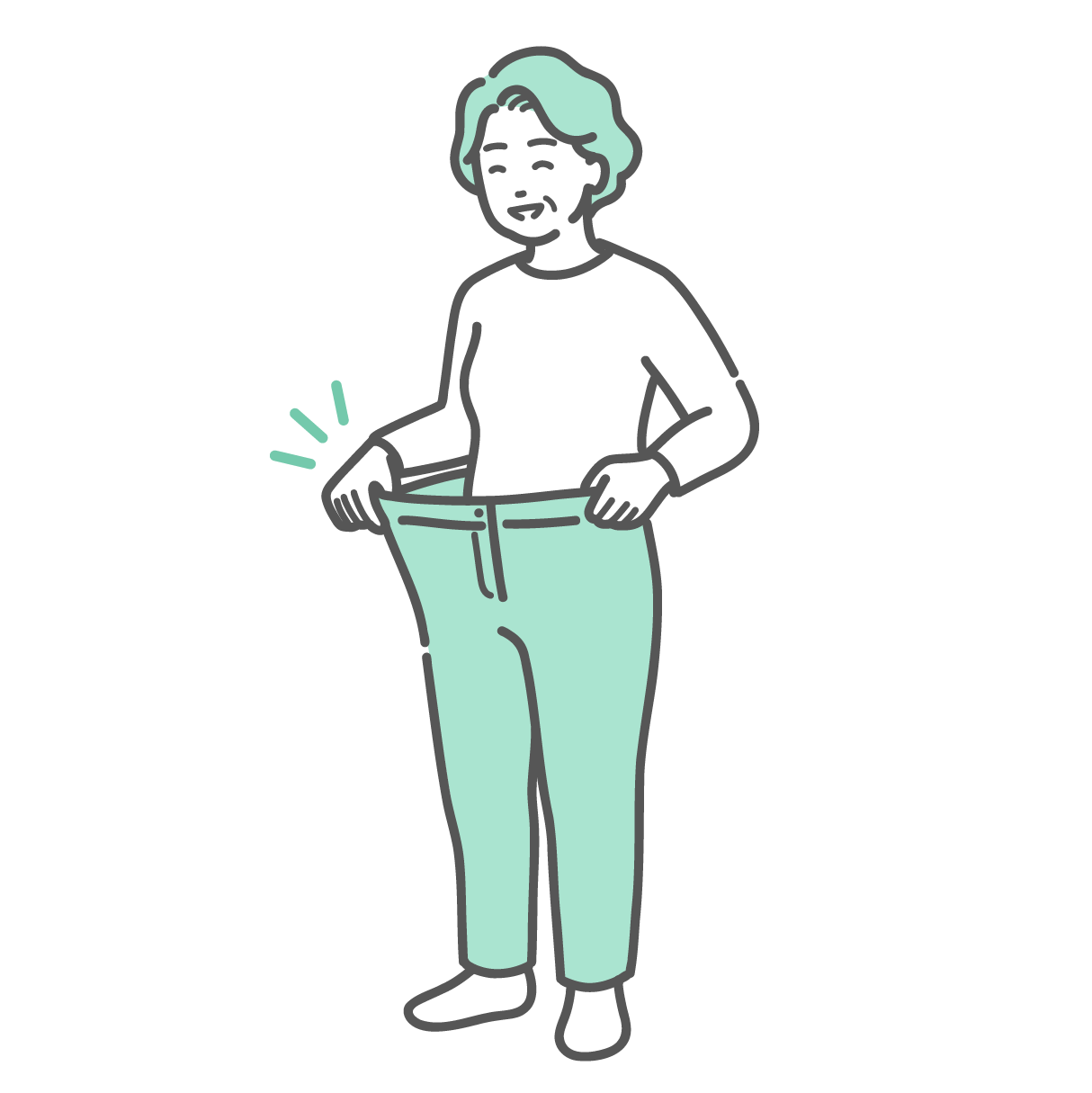 ダイエットに成功して痩せ、ズボンがブカブカになり笑顔を見せている高齢女性のイラスト