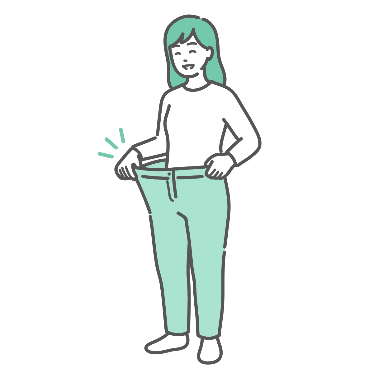 ダイエットに成功して痩せ、ズボンがブカブカになり笑顔を見せている女性のイラスト