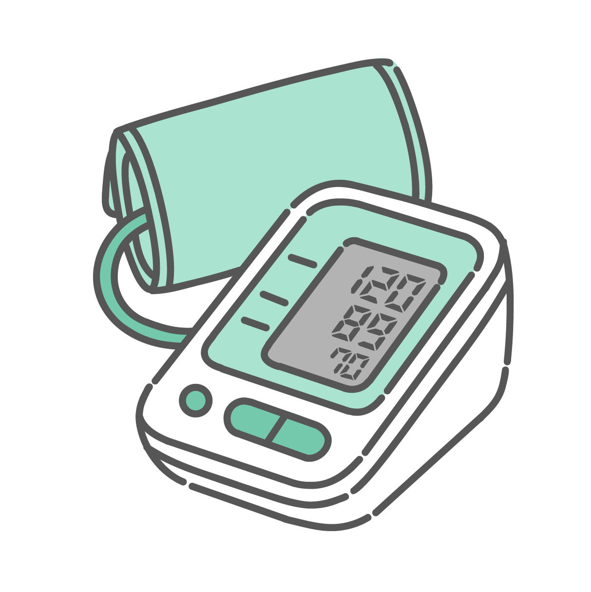 デジタルの上腕式電子血圧計。液晶画面に血圧と脈拍の数値が表示されている状態。