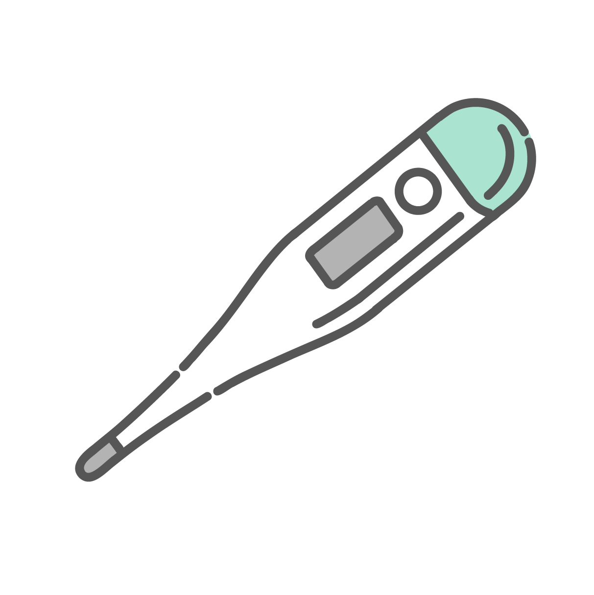 ミントグリーンの電子体温計。脇の下に挟んで測定する一般的なスティック型タイプ。