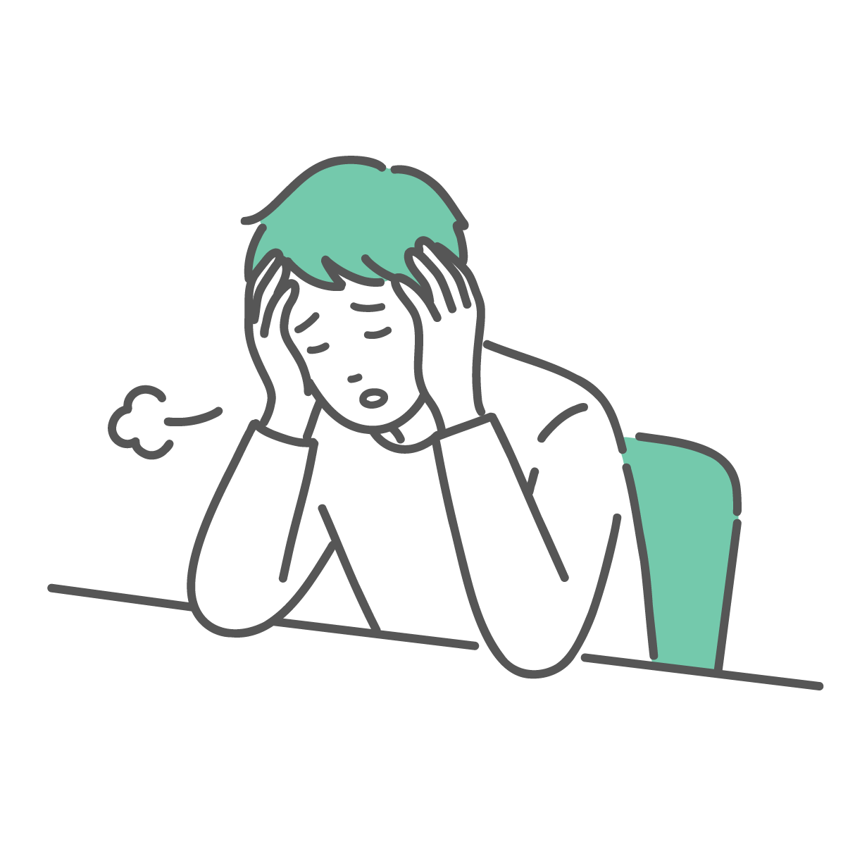 頭を抱えて机に突っ伏し、大きくため息をついている疲れた男性のイラスト