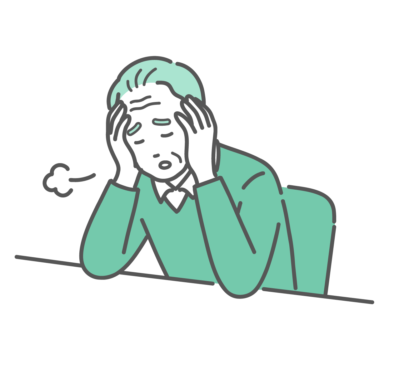 頭を抱えて机に突っ伏し、大きくため息をついている疲れた高齢男性のイラスト