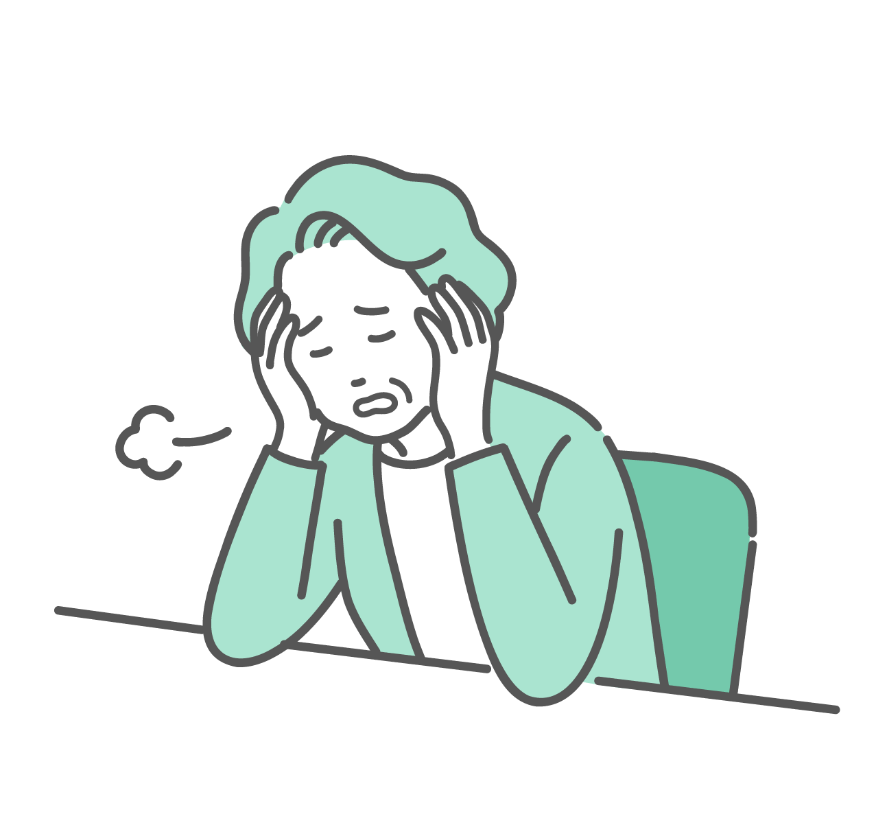 頭を抱えて机に突っ伏し、大きくため息をついている疲れた高齢女性のイラスト