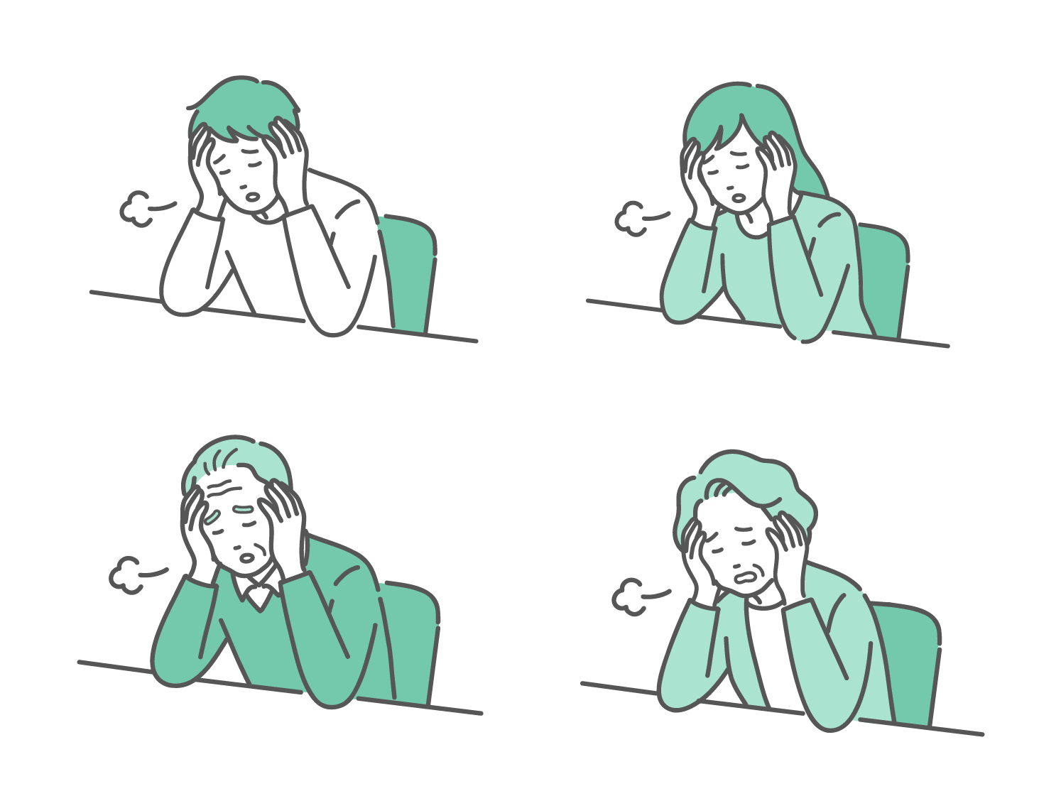 頭を抱えてため息をつく若い男性、女性、高齢男性、高齢女性のイラストセット