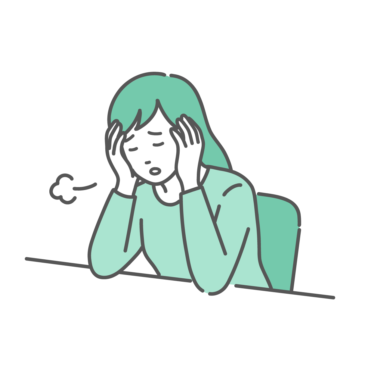 頭を抱えて机に突っ伏し、大きくため息をついている疲れた女性のイラスト