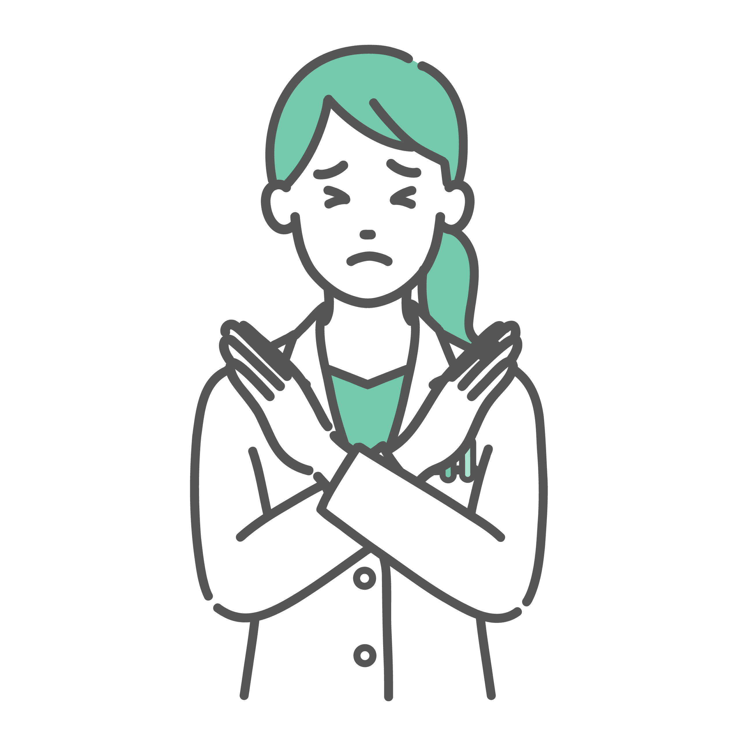 胸の前で両腕を交差させて「バツ（NG）」のポーズをとっている女性医師・薬剤師。目を閉じて「ダメです」「禁止です」と伝えている表情。白衣着用。