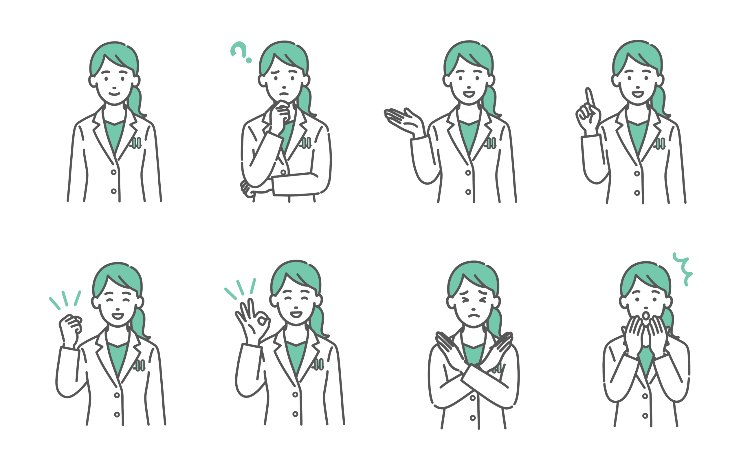 白衣を着た女性医師・薬剤師の8つのバリエーション。笑顔、考え中、案内、指差し、ガッツポーズ、OKサイン、NGサイン、驚きの表情が並んでいる。