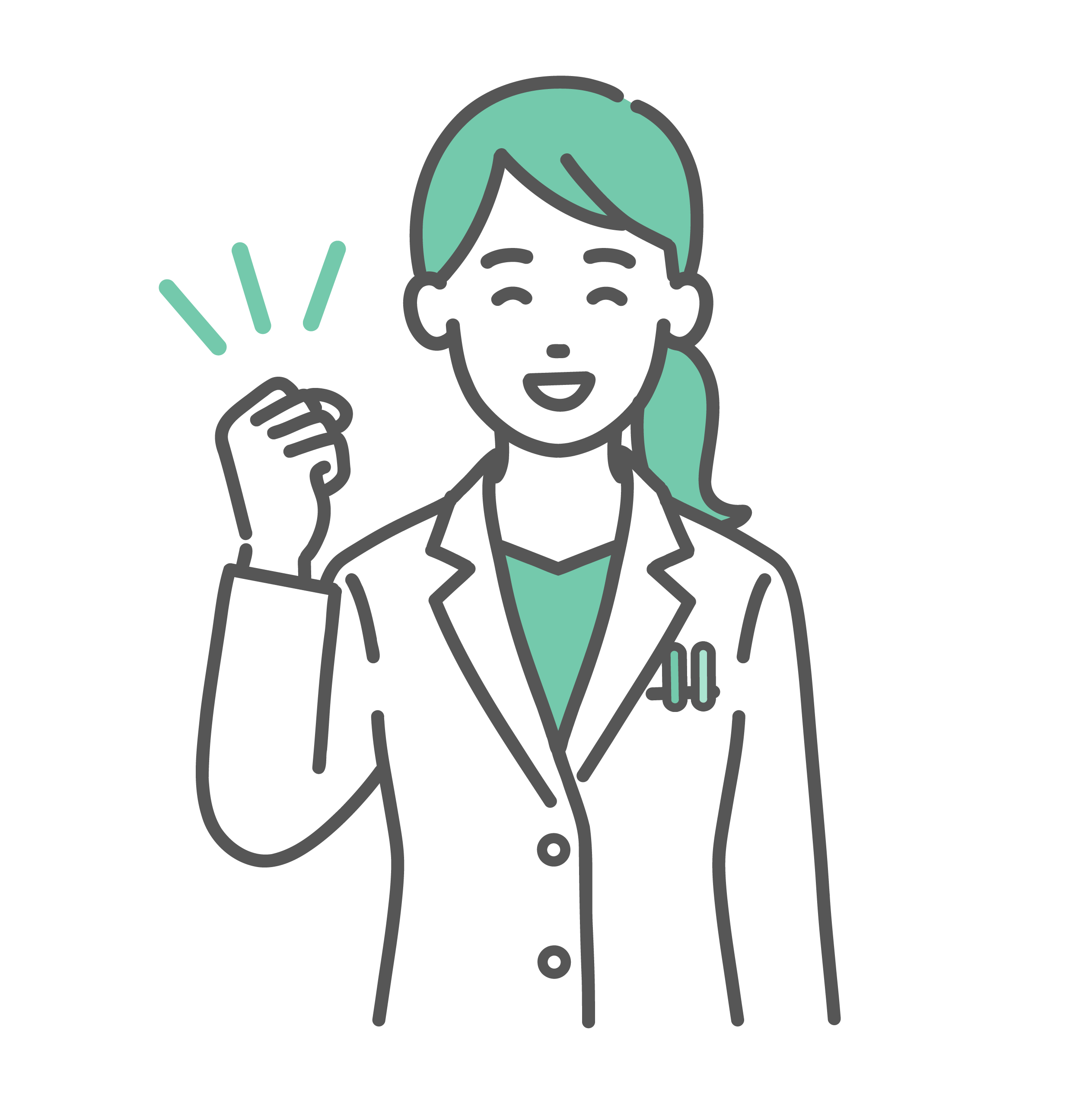 笑顔で右手の拳を握り、ガッツポーズをしている白衣の女性（医師・薬剤師）。応援や喜びを表現しているポーズ。