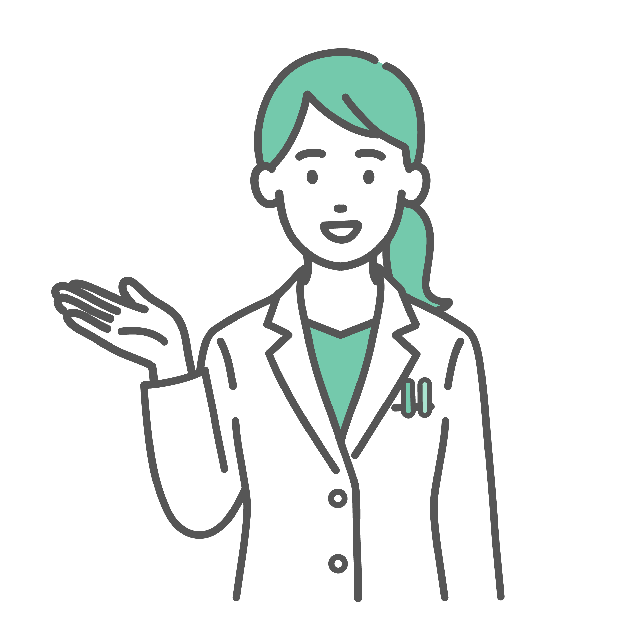 手のひらを横に向けて「こちらへどうぞ」と案内している女性医師・薬剤師。笑顔で右側を紹介している上半身。