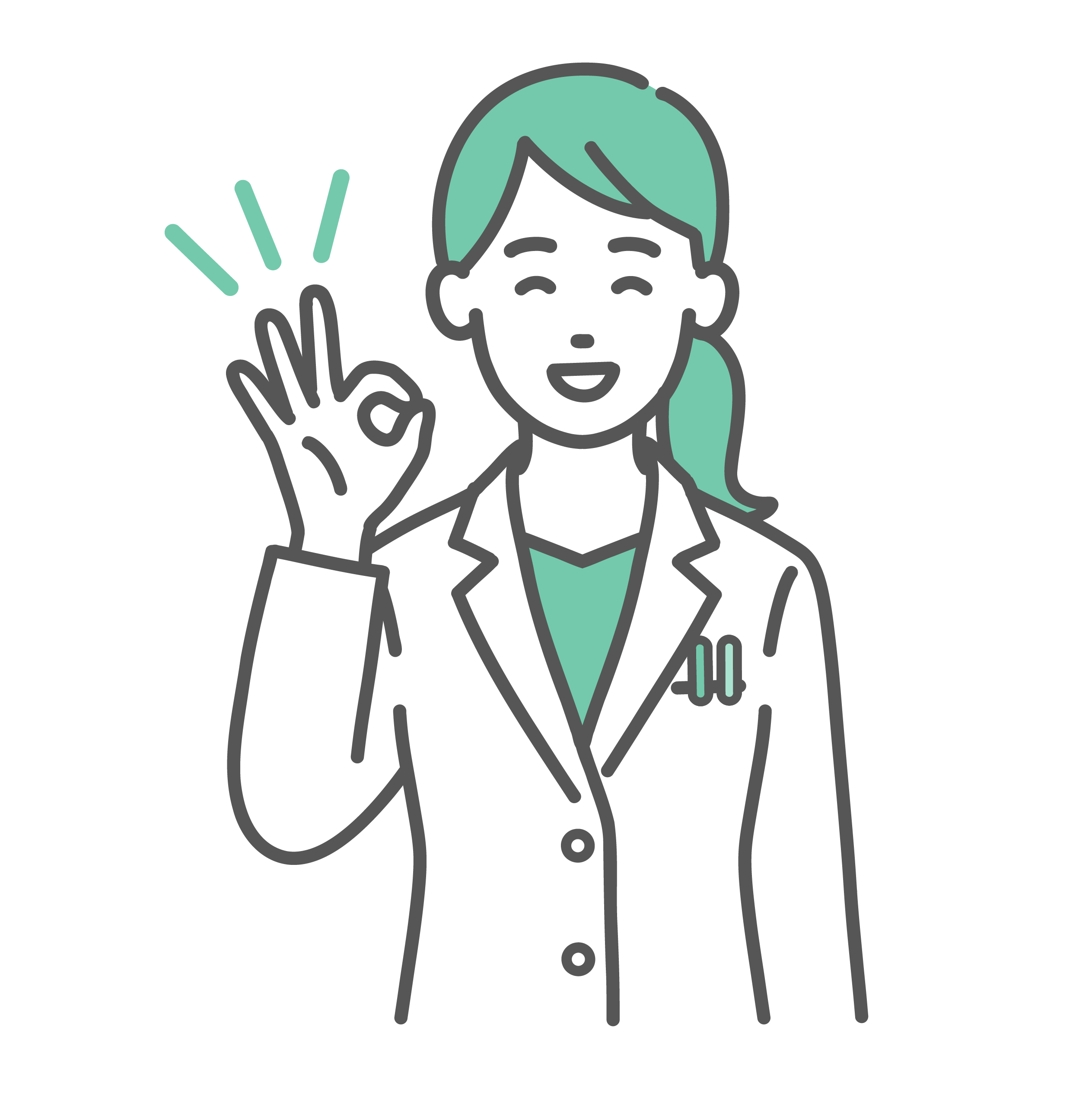 右手の指で丸を作り、OKサインを出している笑顔の女性医師・薬剤師。「大丈夫です」「問題ありません」と伝えているポーズ。白衣着用。