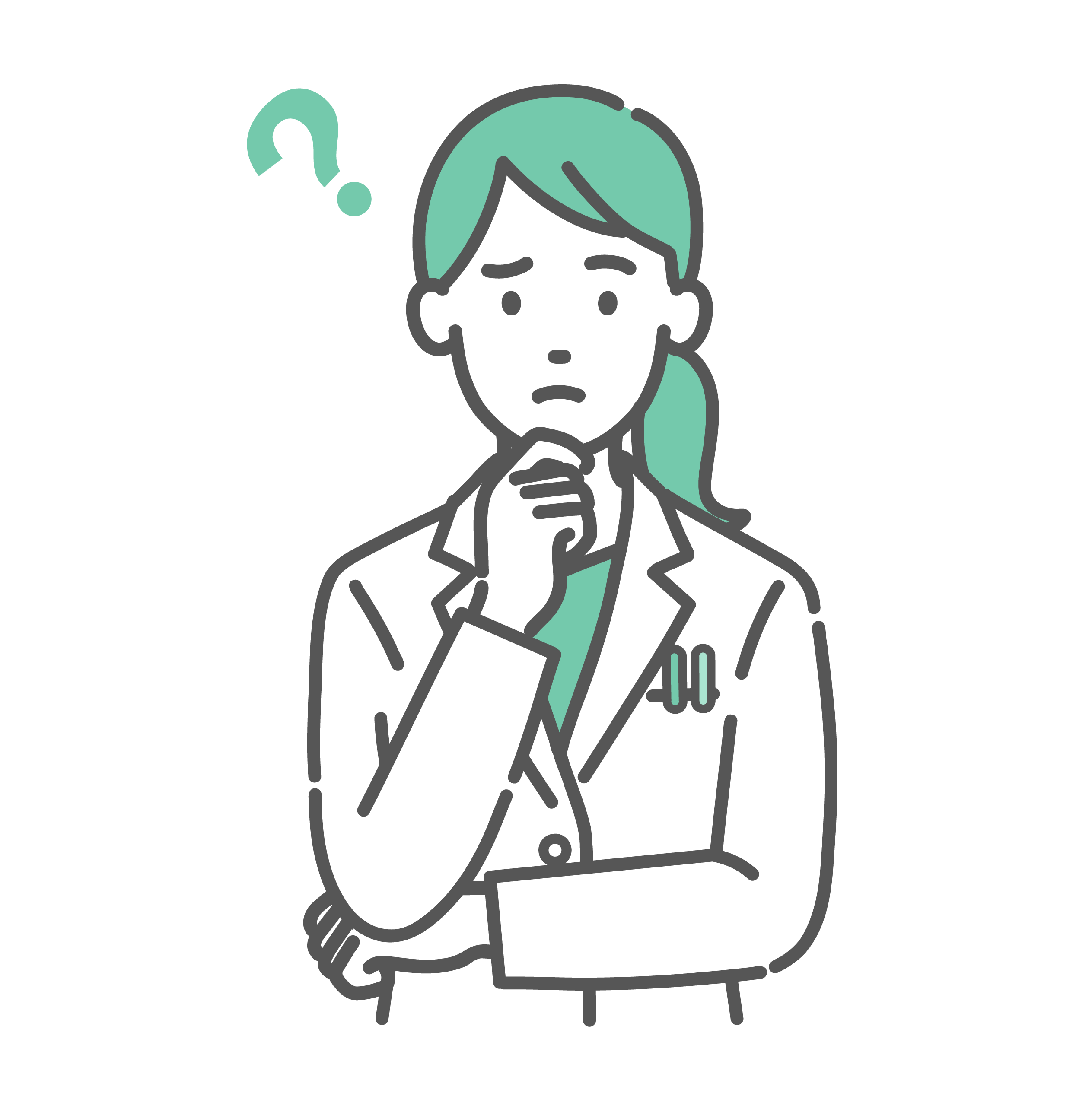 顎に手を当てて考え込む女性医師・薬剤師。頭上に緑色のハテナマークが浮かんでいる困り顔。
