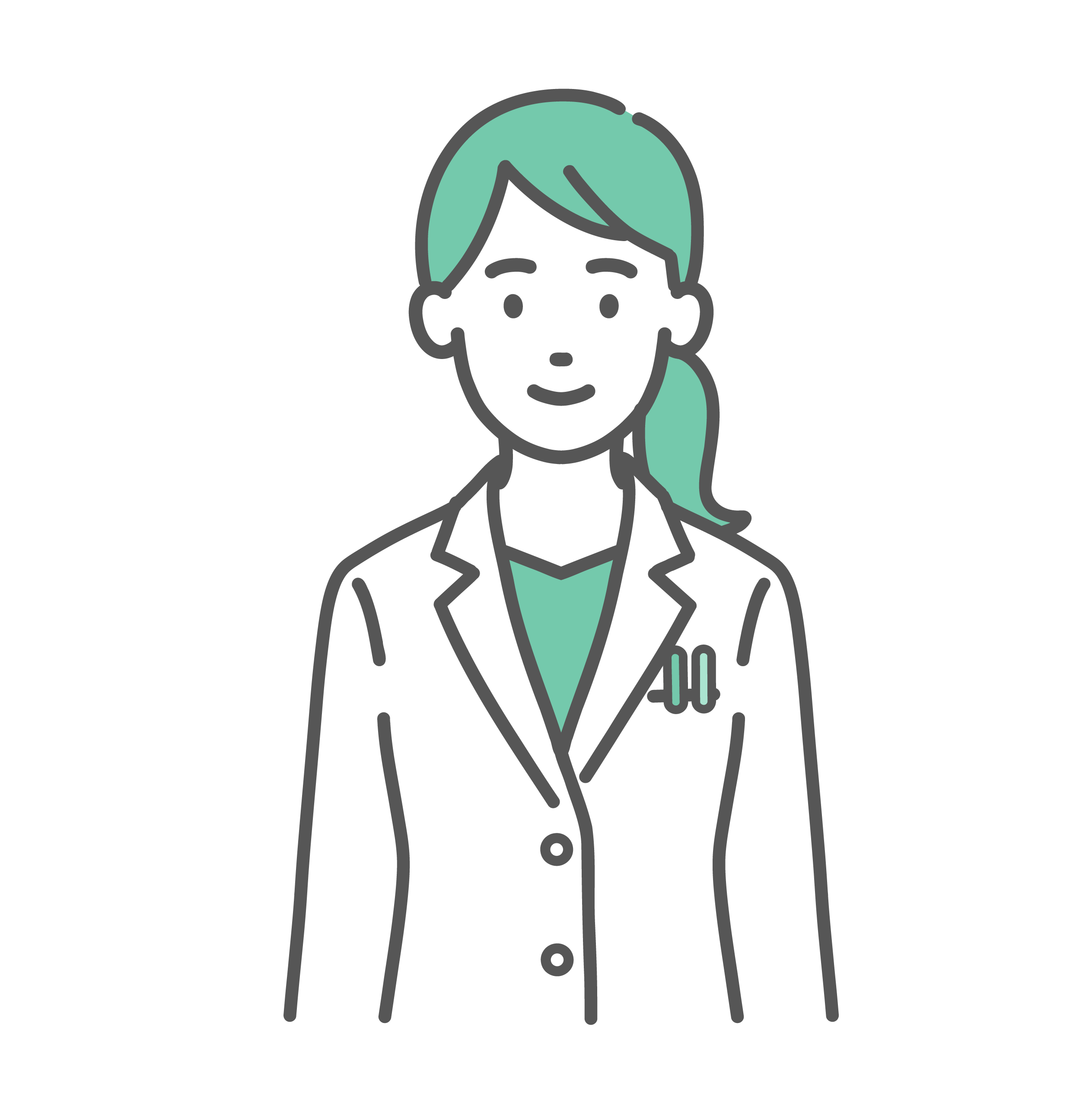 白衣を着て緑色のインナーを着用した女性医療従事者の上半身。優しく微笑んでいる正面の顔。