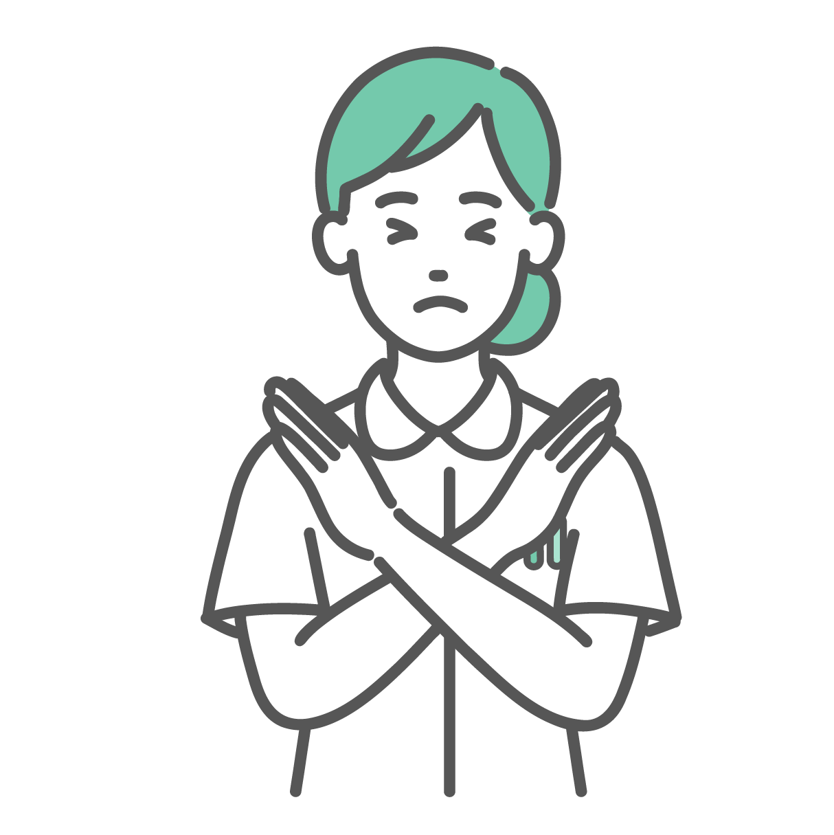 胸の前で両腕を交差させて「バツ（NG）」のポーズをとっている女性看護師。目を閉じて「ダメです」「禁止です」と伝えている表情。